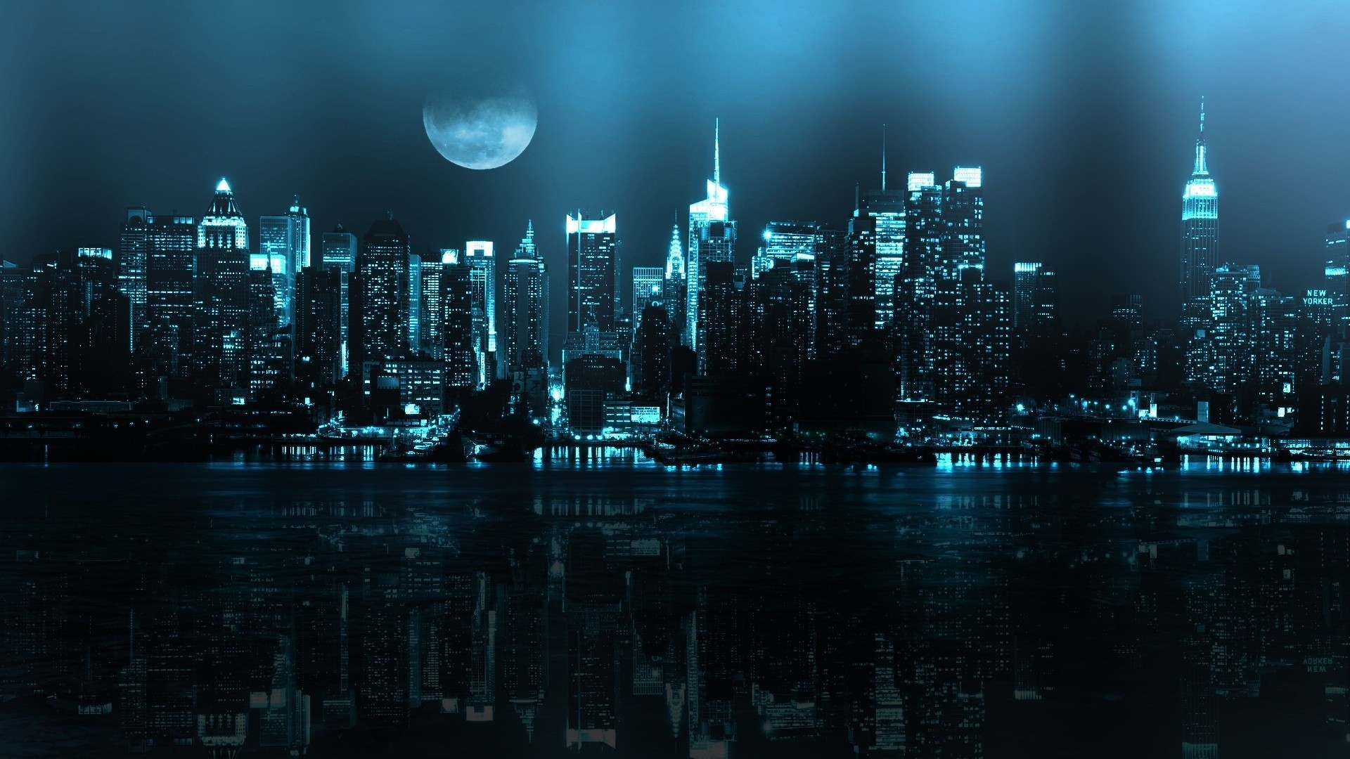 New York City Skyline at Night with Moon HD Wallpaper