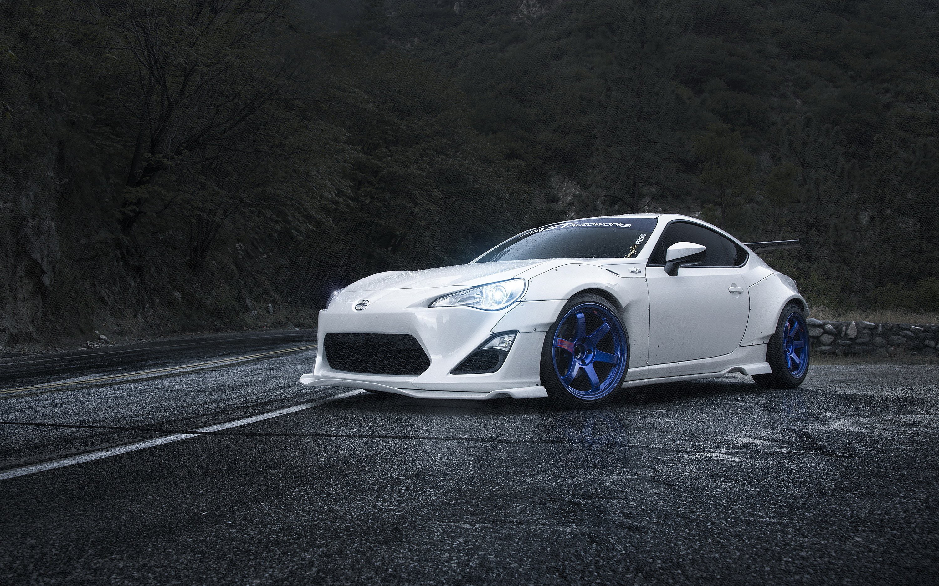 White Scion FR-S tuned car on a wet road HD Wallpaper