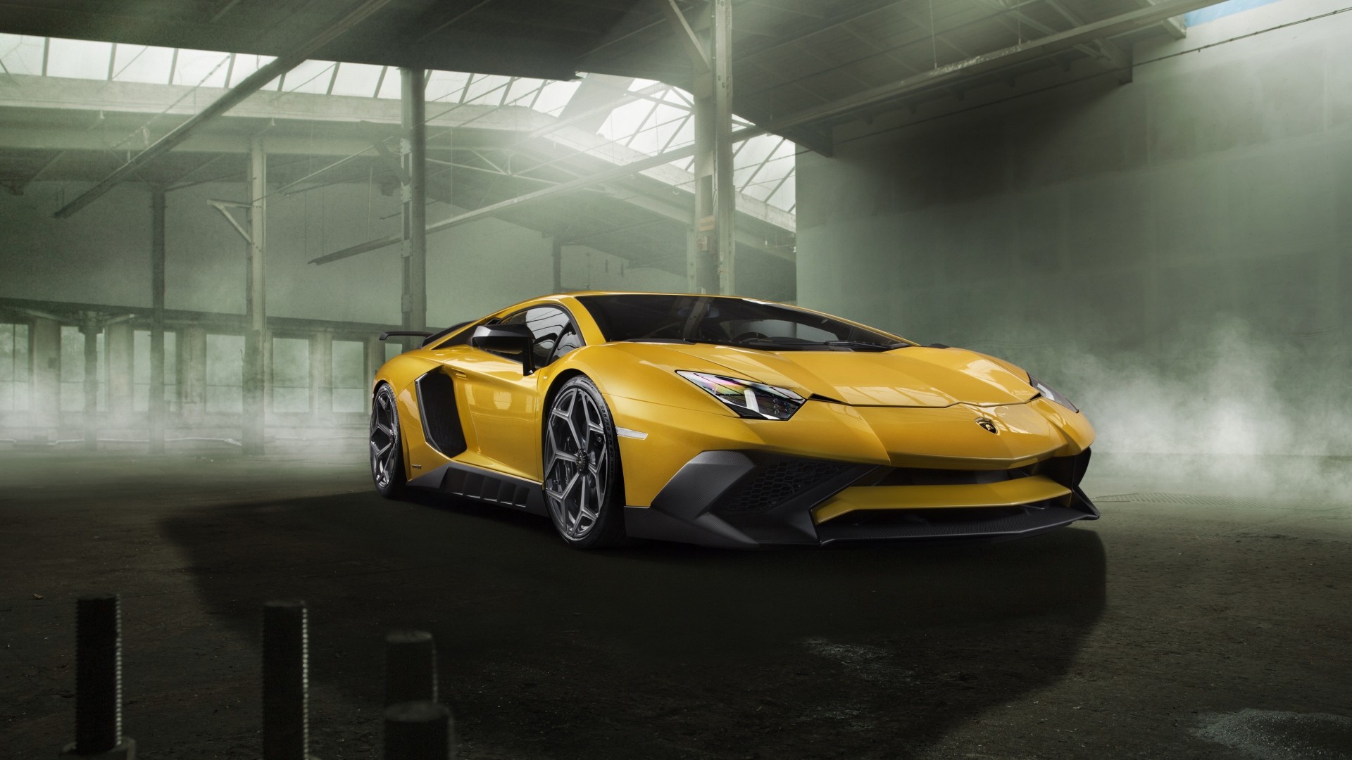 Yellow Lamborghini Aventador in a warehouse HD Wallpaper