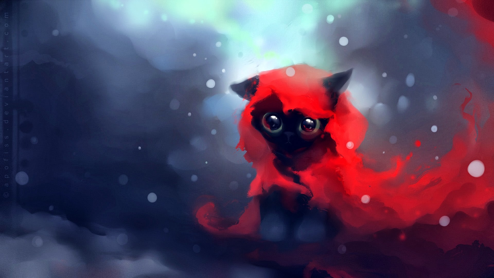 Anime cat with red scarf in snow HD Wallpaper