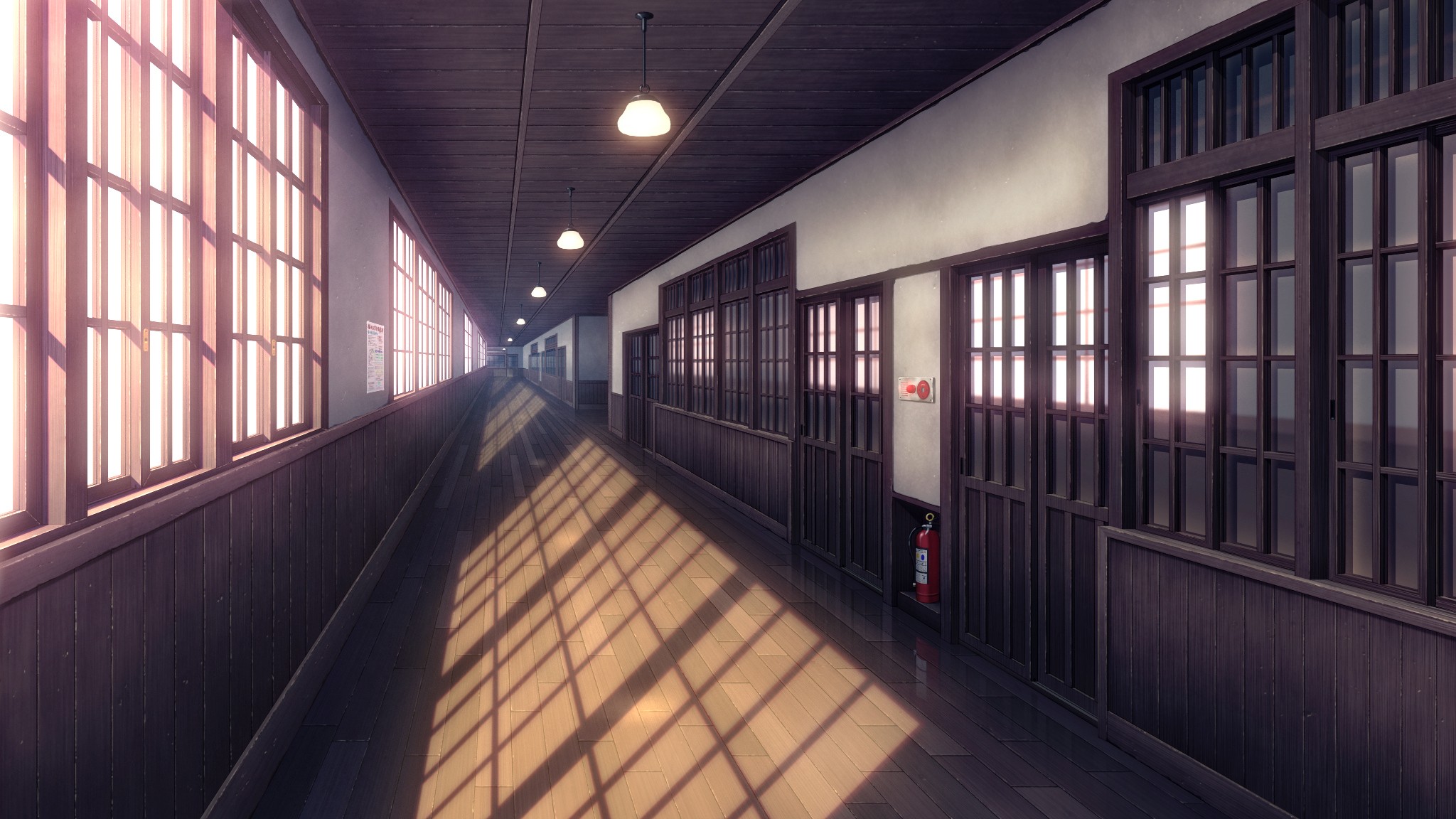 School hallway with windows and doors HD Wallpaper