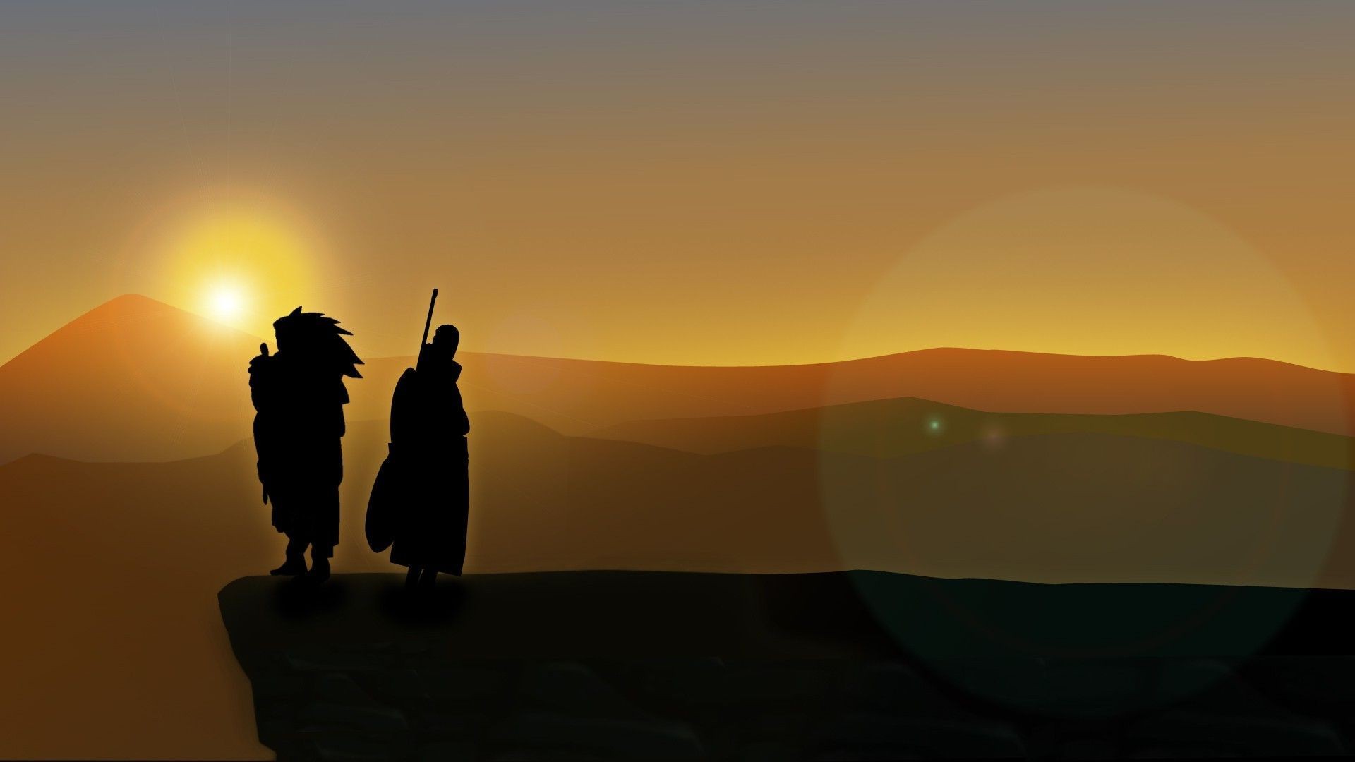 Madara and Obito from Naruto Shippuden on a cliff at sunset HD Wallpaper