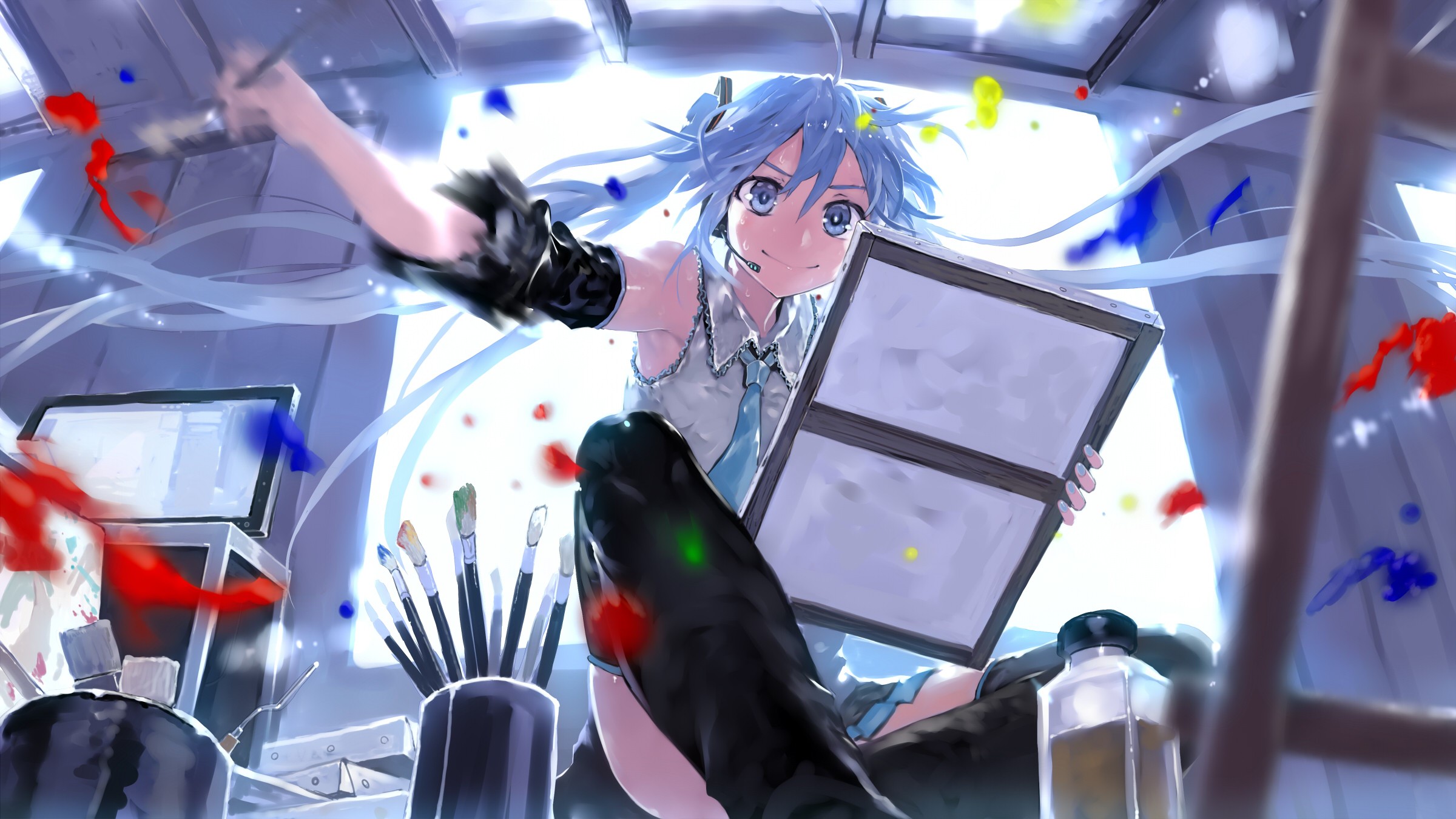 Hatsune Miku painting with colorful paints HD Wallpaper