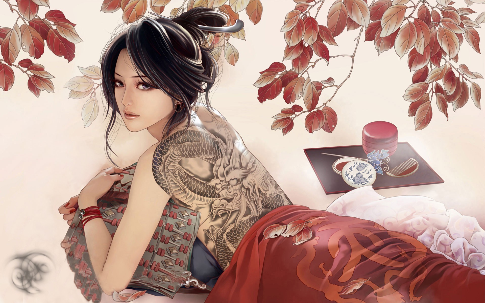 Woman with dragon tattoo and traditional Japanese items HD Wallpaper