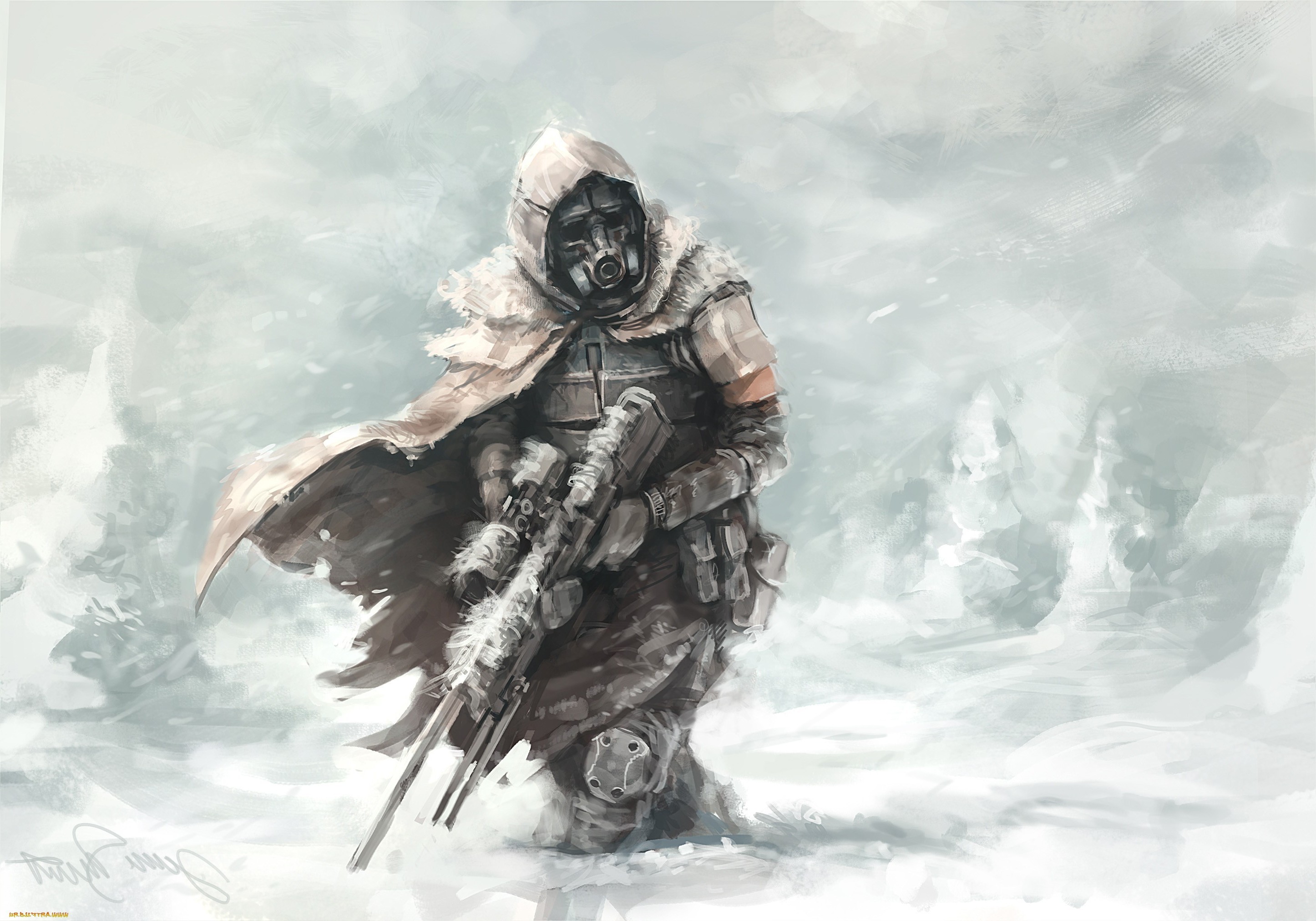 Hunter with sniper rifle in a snowy landscape HD Wallpaper