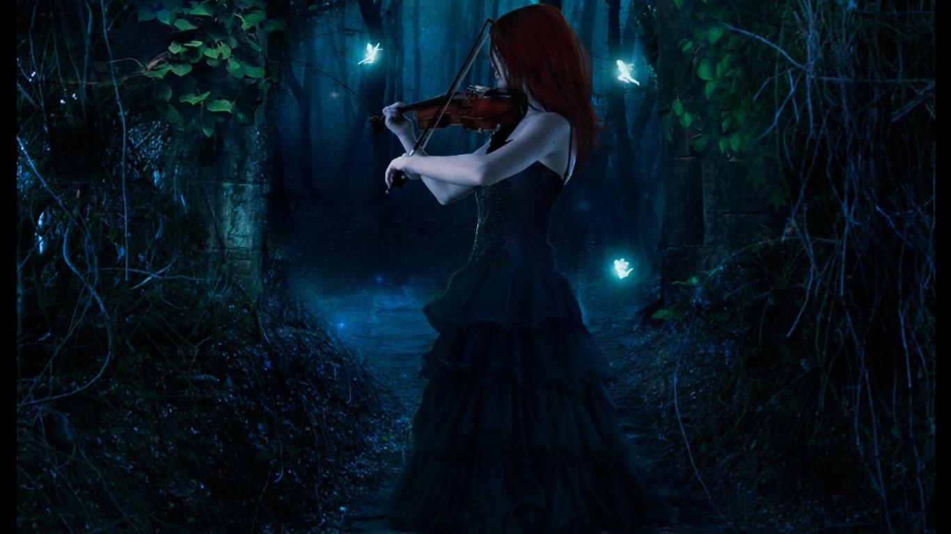 Woman playing violin in a dark forest with fairies HD Wallpaper