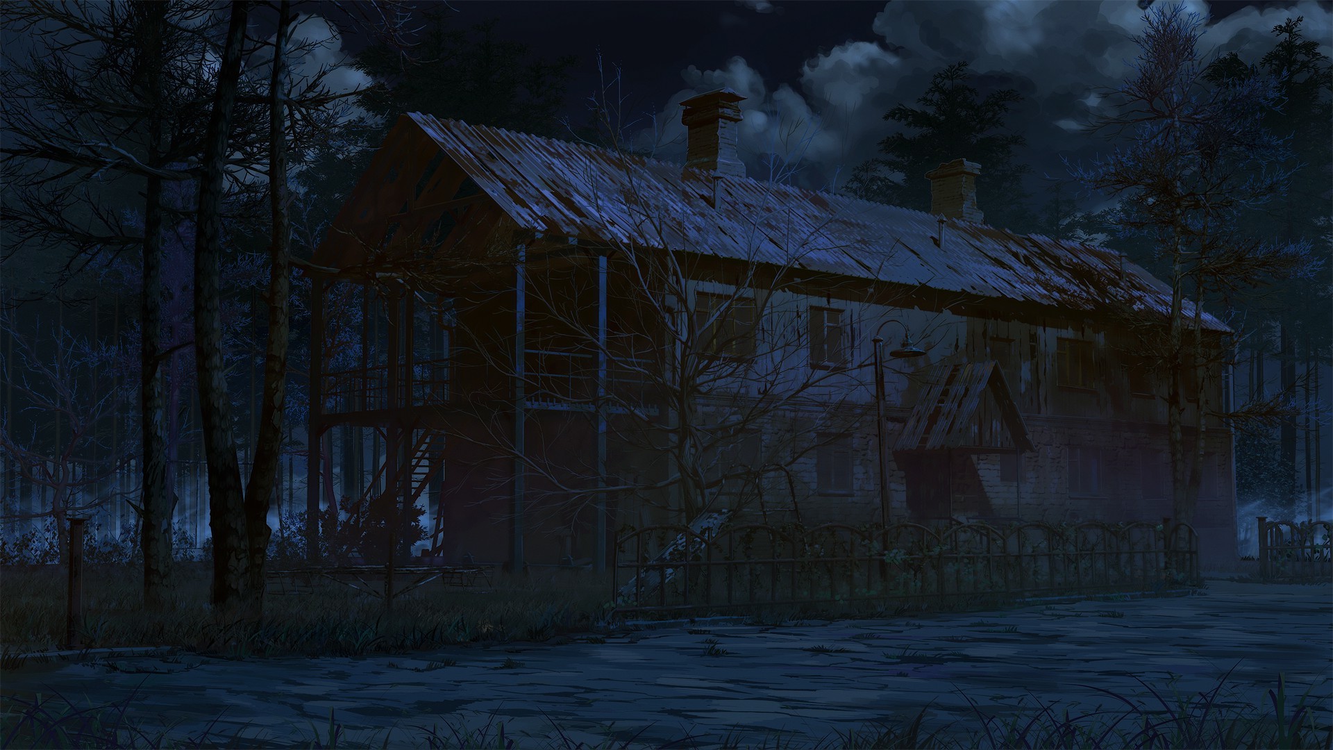 Night View of a Rustic House with Clouds HD Wallpaper