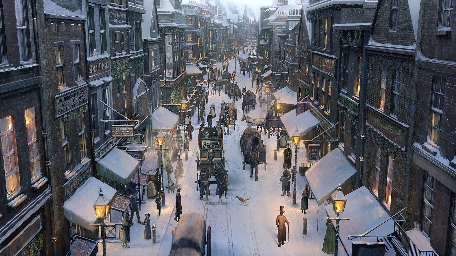 Victorian street scene with horse-drawn carriages and snow HD Wallpaper