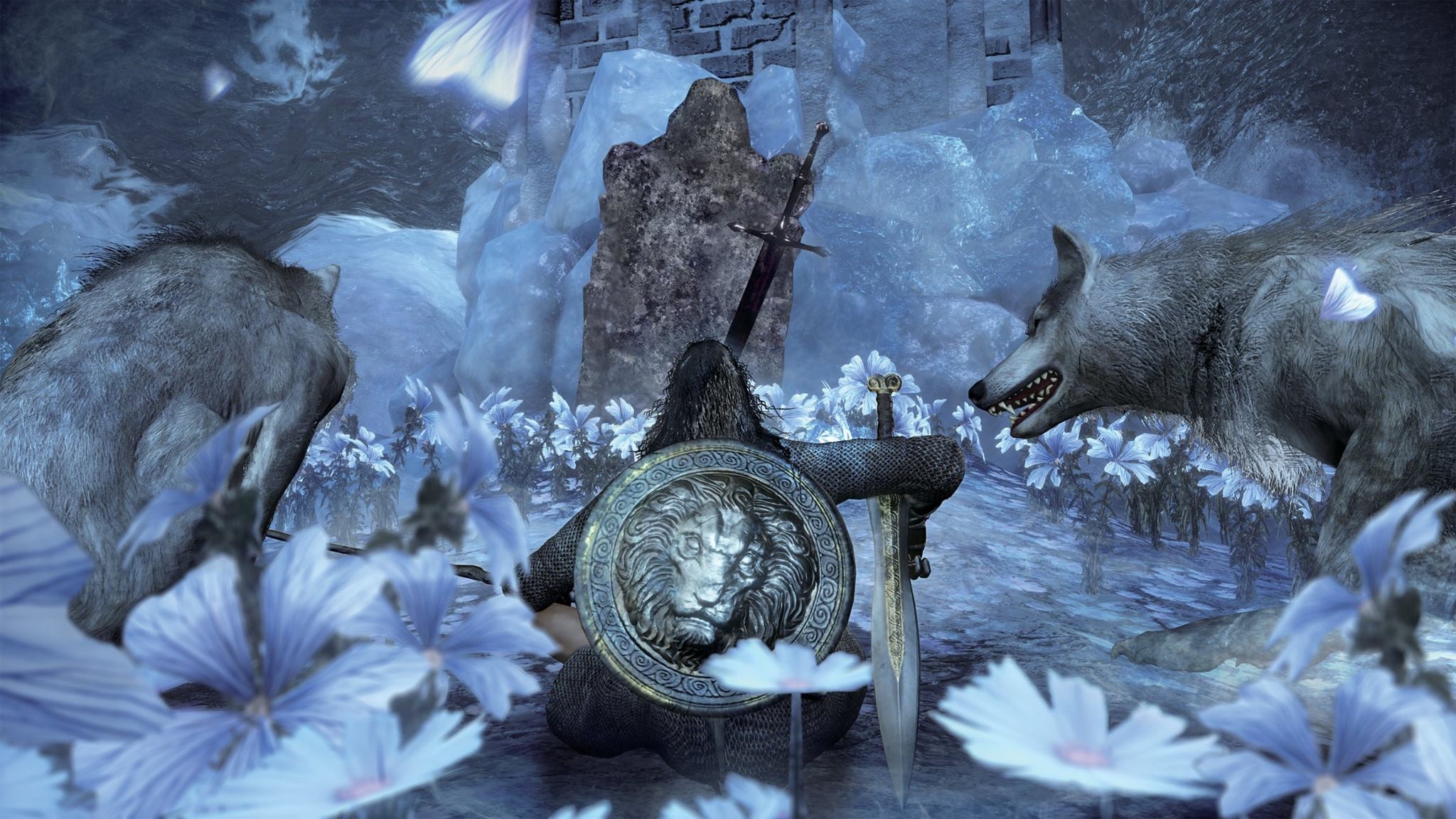 Dark Souls III character with wolves and flowers HD Wallpaper