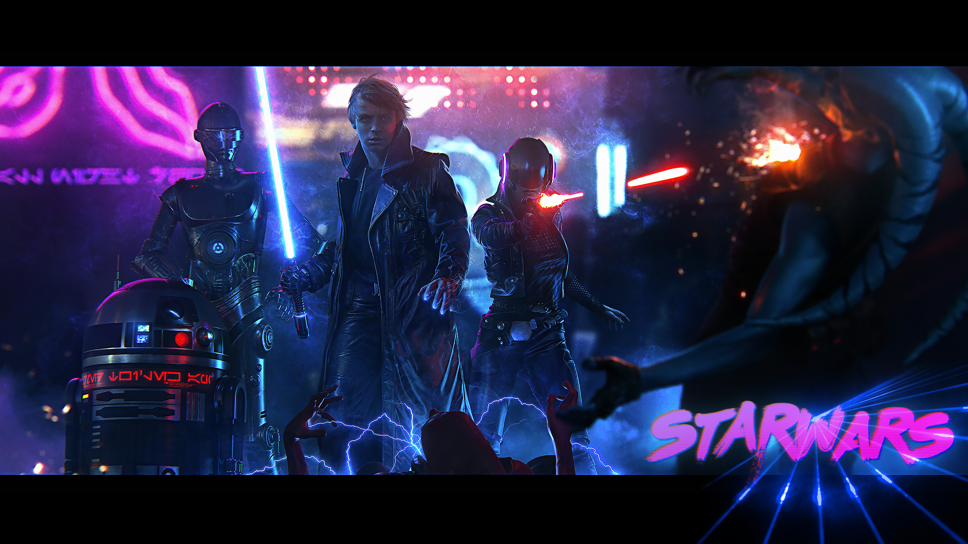 Star Wars characters in a cyberpunk setting HD Wallpaper