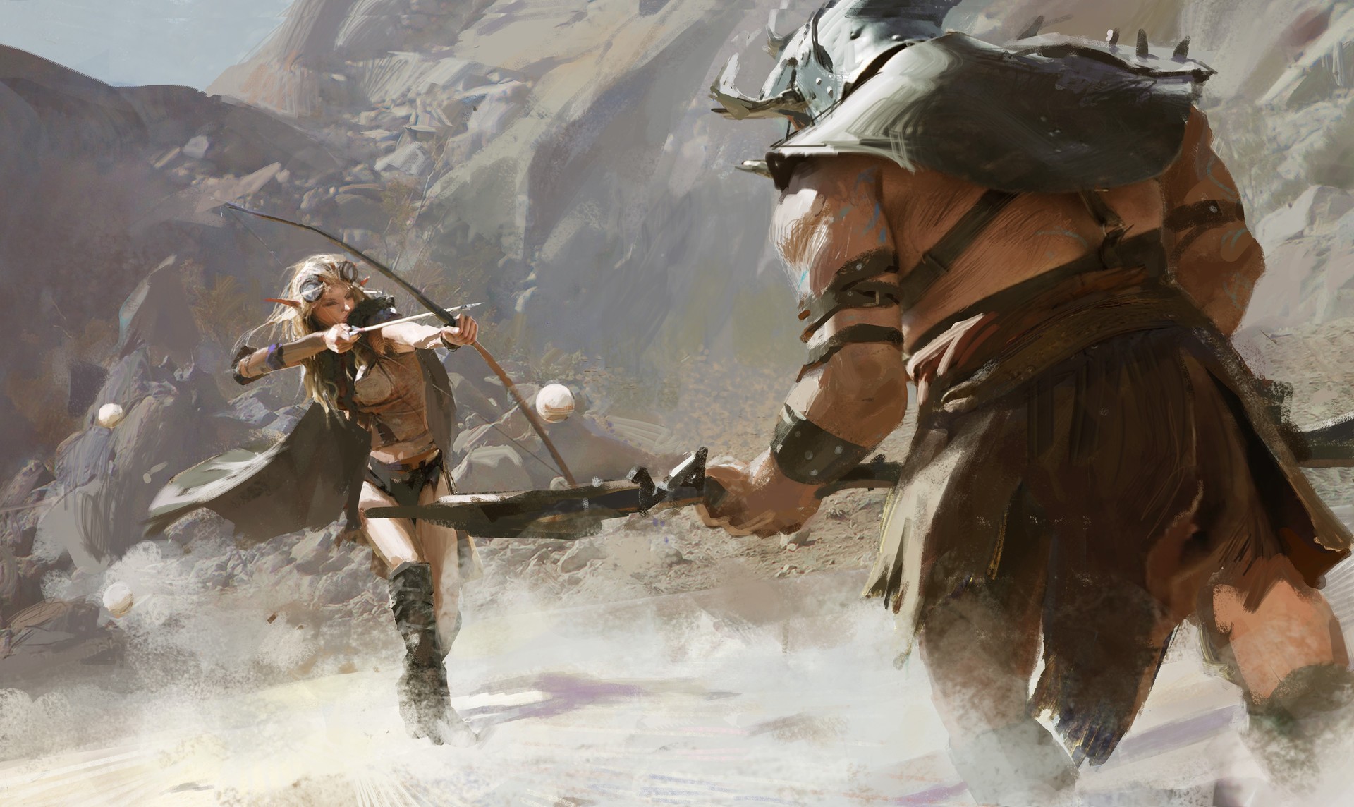 Elf archer fighting a giant in a rocky landscape HD Wallpaper