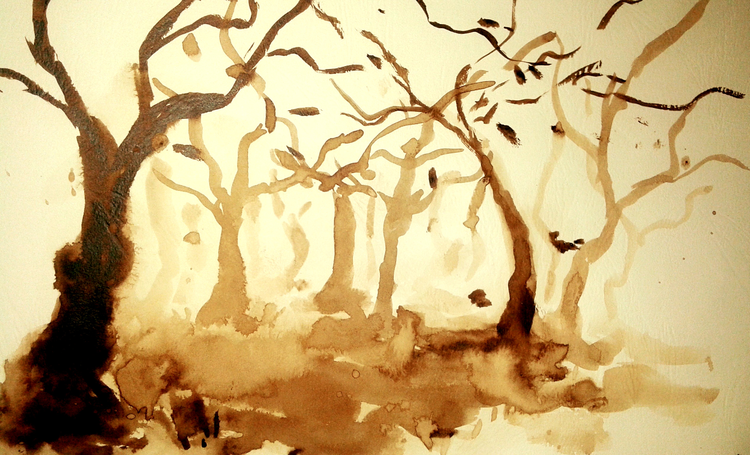 Watercolor painting of a forest with bare trees HD Wallpaper