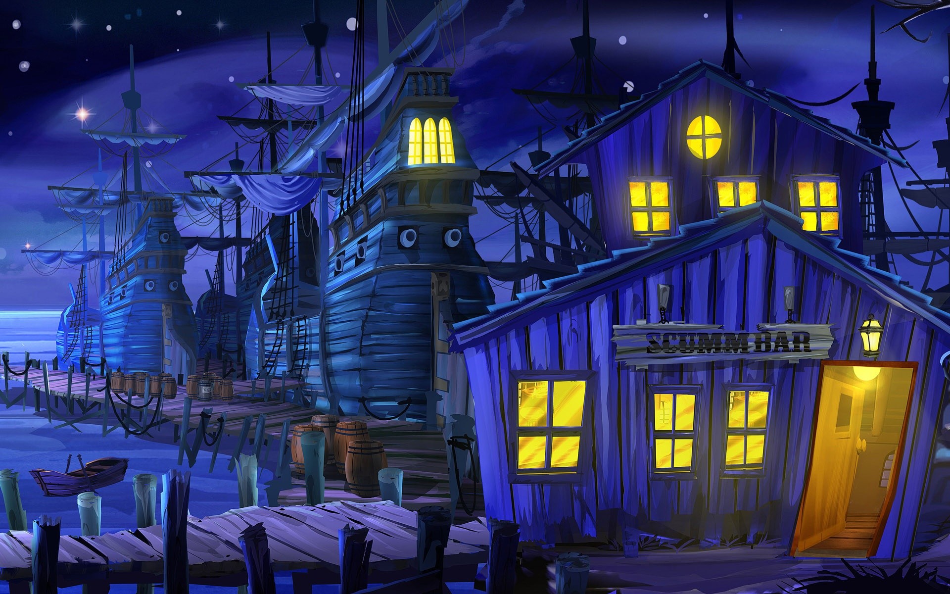 Scumm Bar and sailing ships at night HD Wallpaper