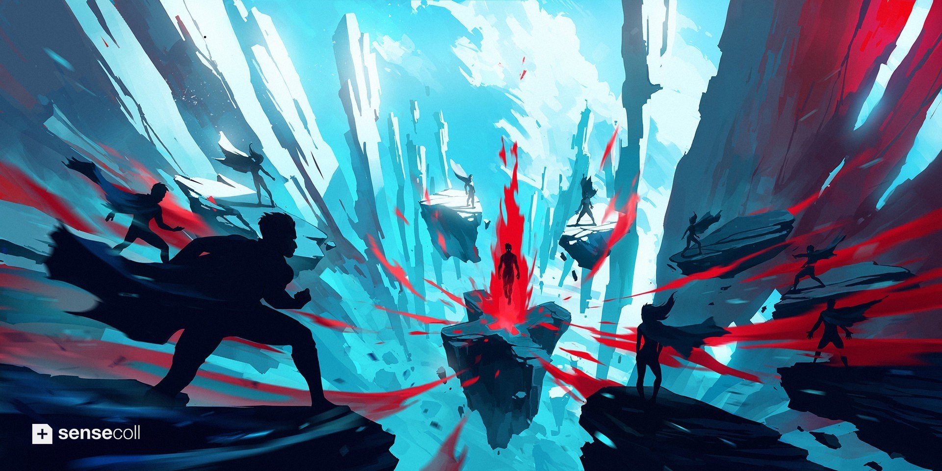 Concept art of figures in a surreal, rocky landscape HD Wallpaper