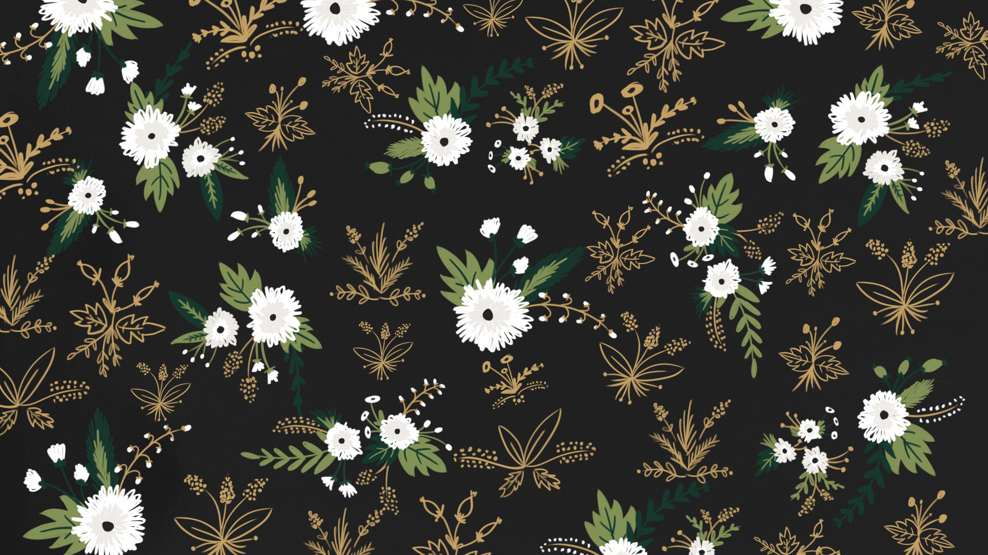 Floral pattern with white flowers and gold leaves HD Wallpaper