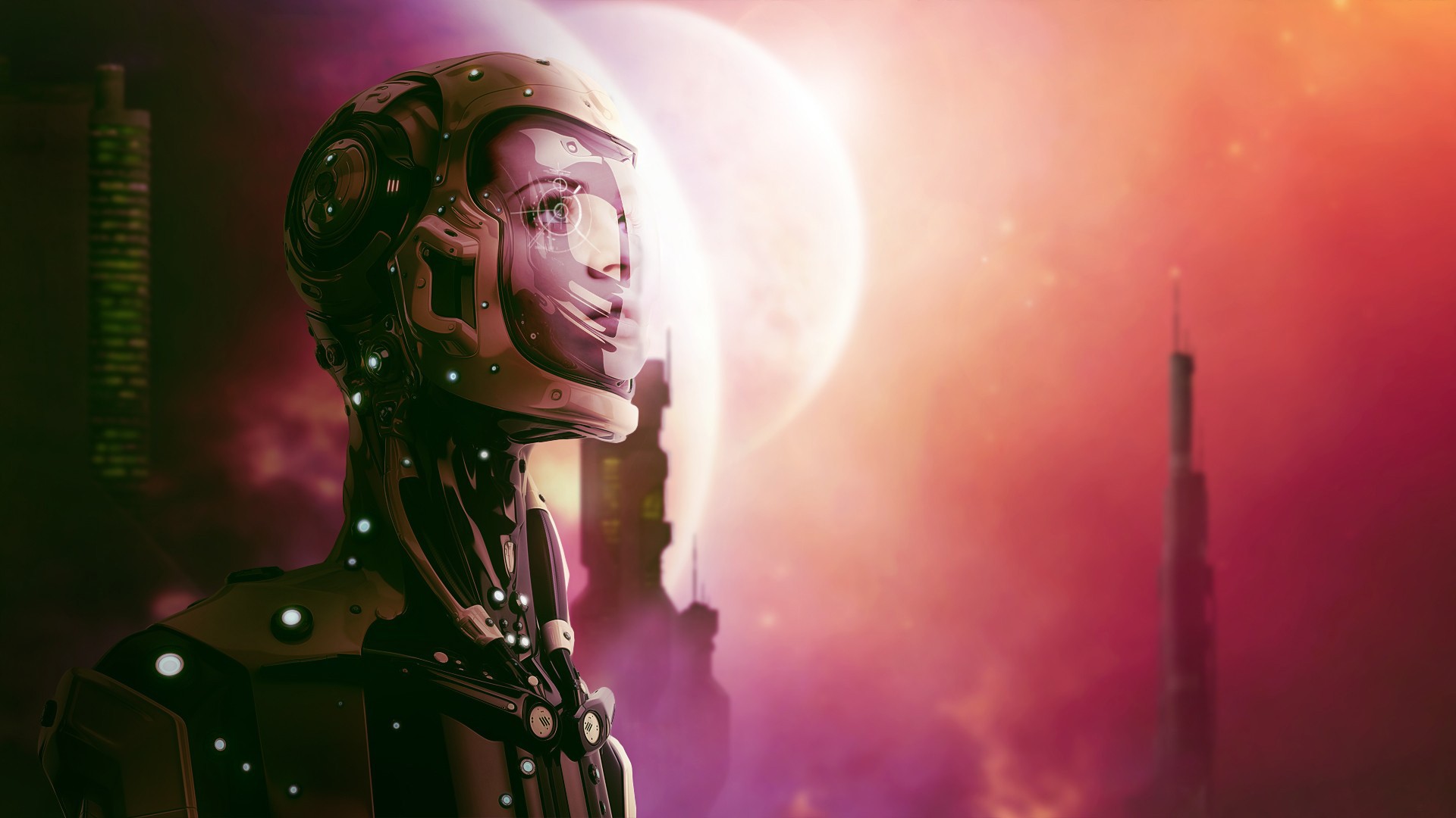 Astronaut in a futuristic city with planets HD Wallpaper
