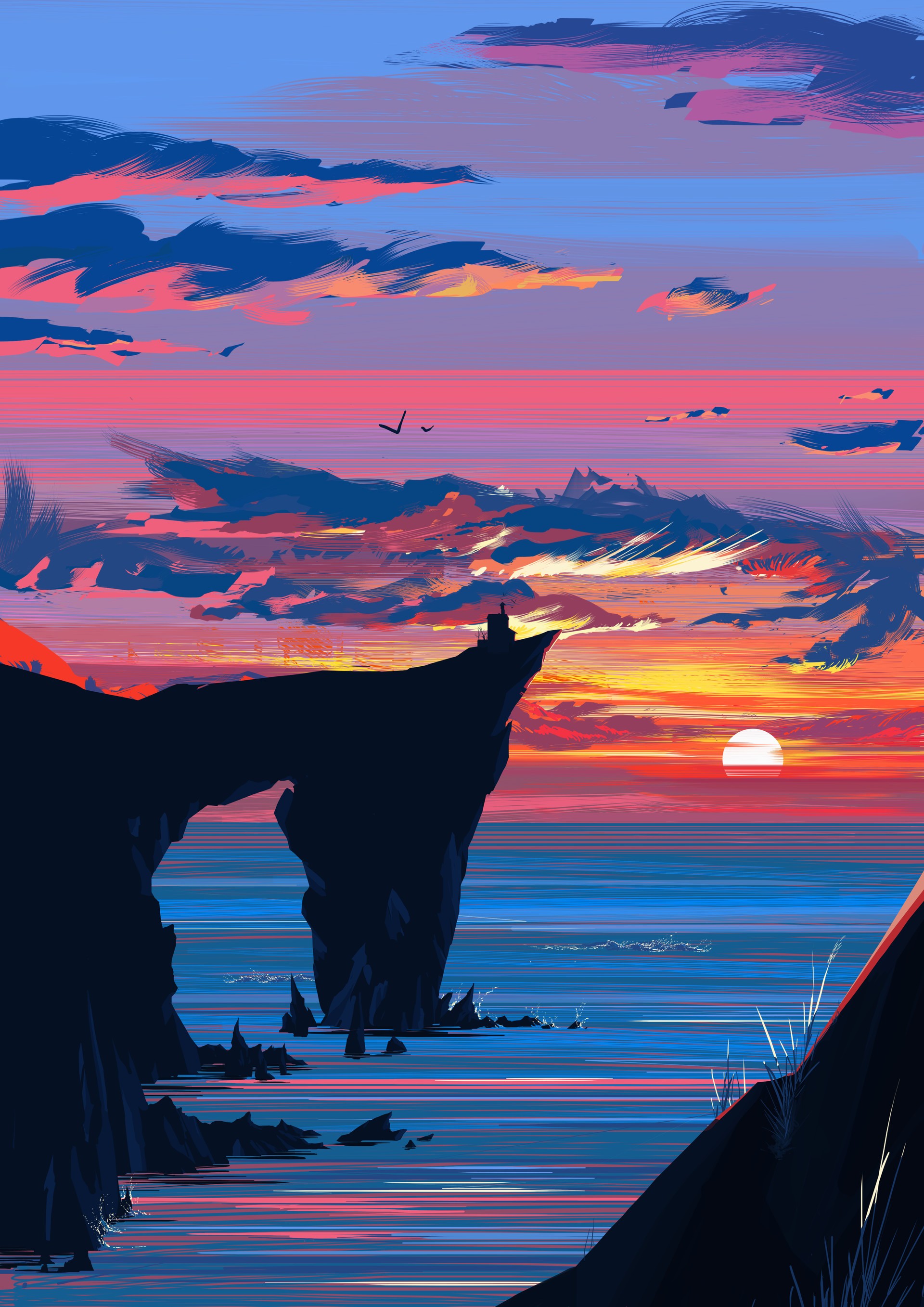 Sunset over the ocean with cliffs HD Wallpaper