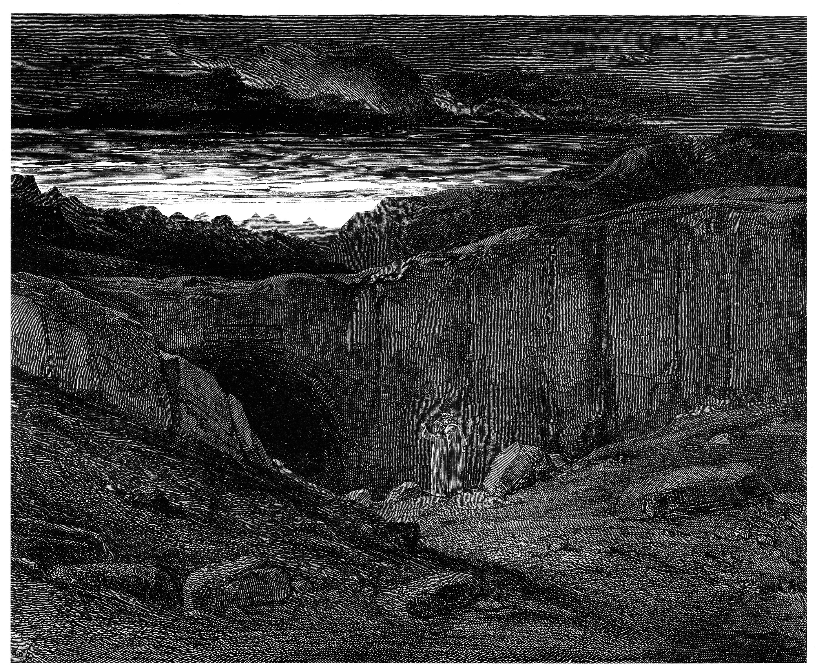 Dante and Virgil at the edge of a chasm HD Wallpaper