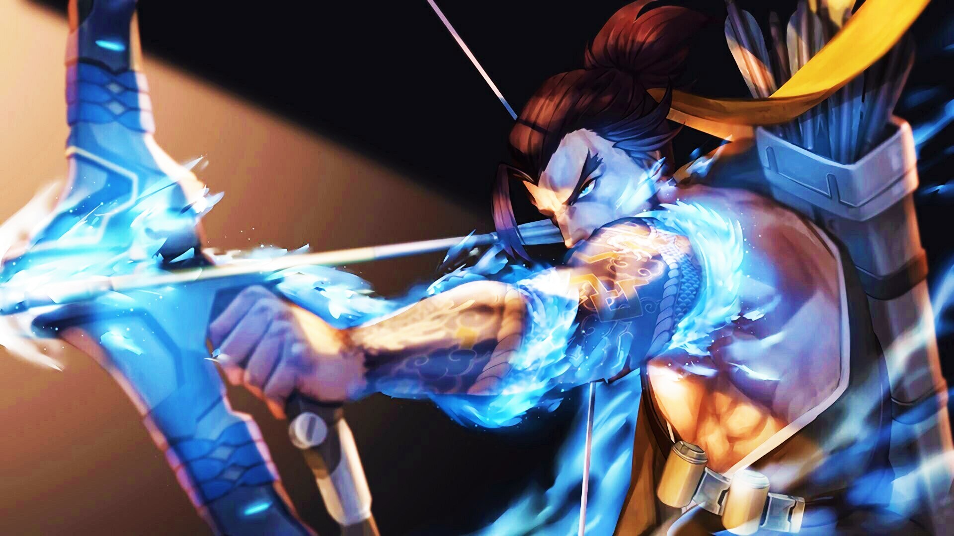 Hanzo from Overwatch drawing a bow with blue flames HD Wallpaper