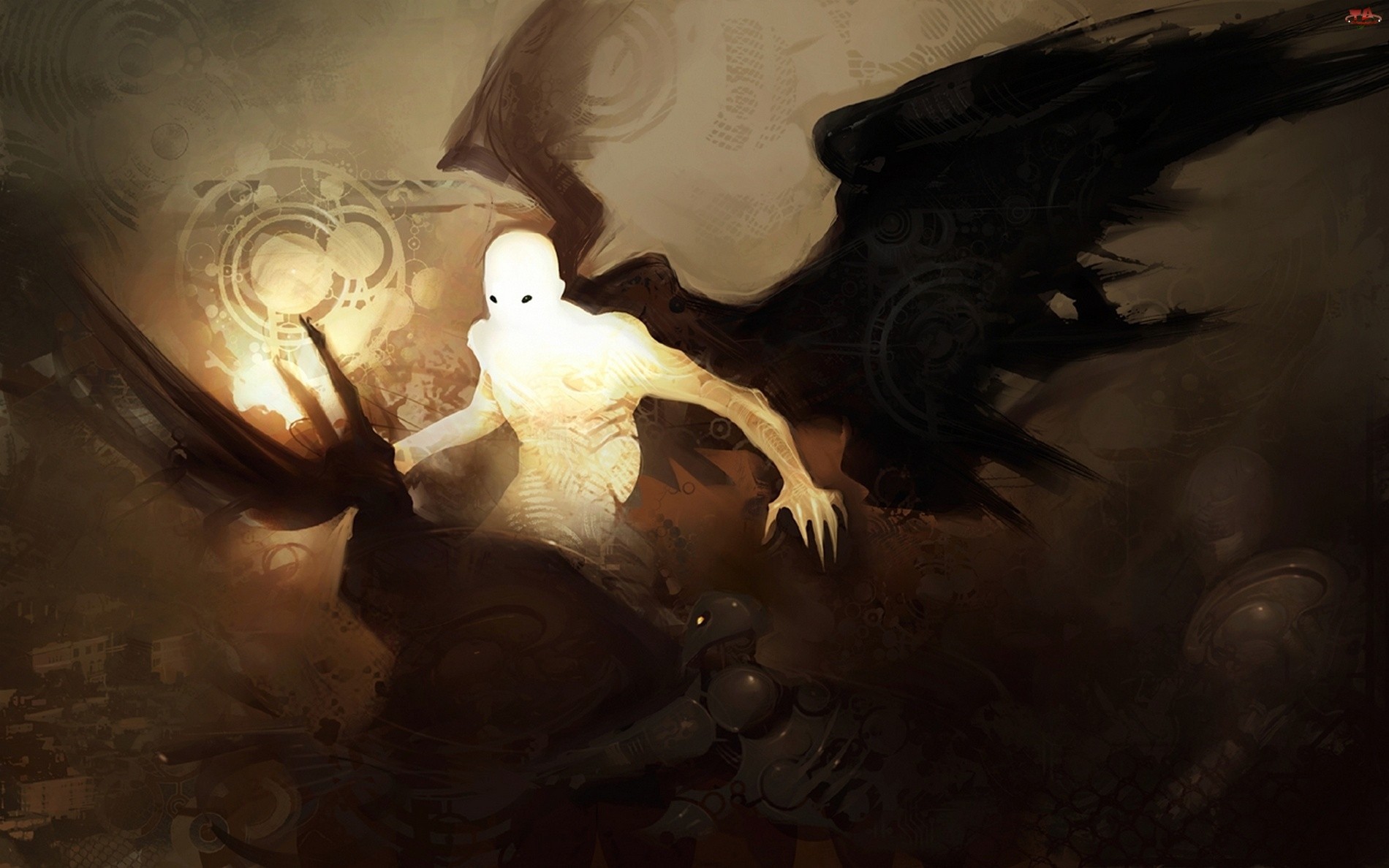 Fantasy art of a glowing winged figure HD Wallpaper