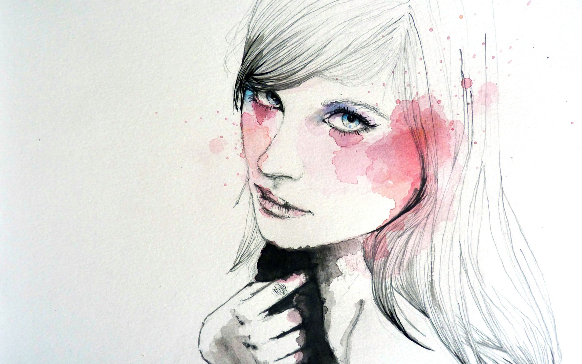 Watercolor painting of a woman's face with pink blush HD Wallpaper
