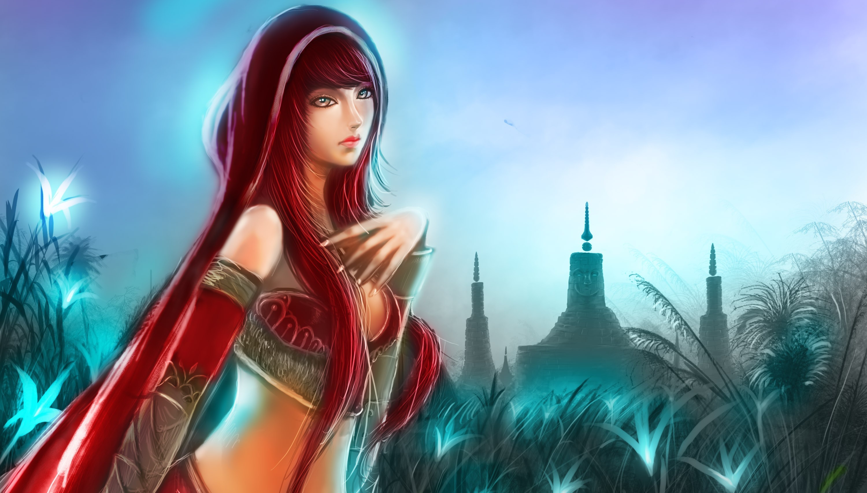 Fantasy art of a woman with long red hair and a hood HD Wallpaper
