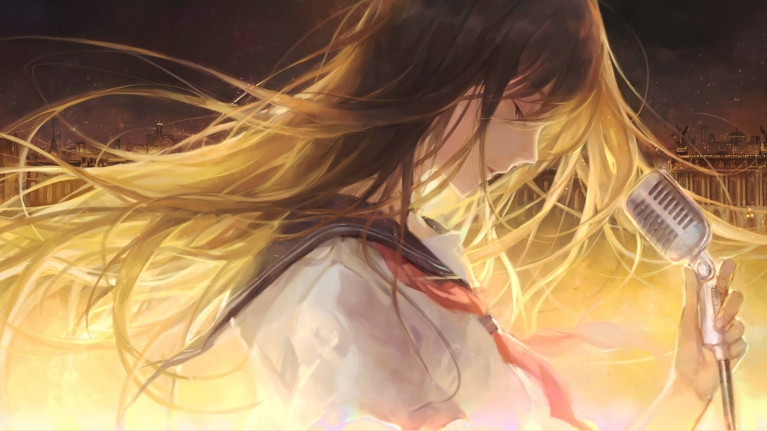 Anime girl singing into a vintage microphone HD Wallpaper