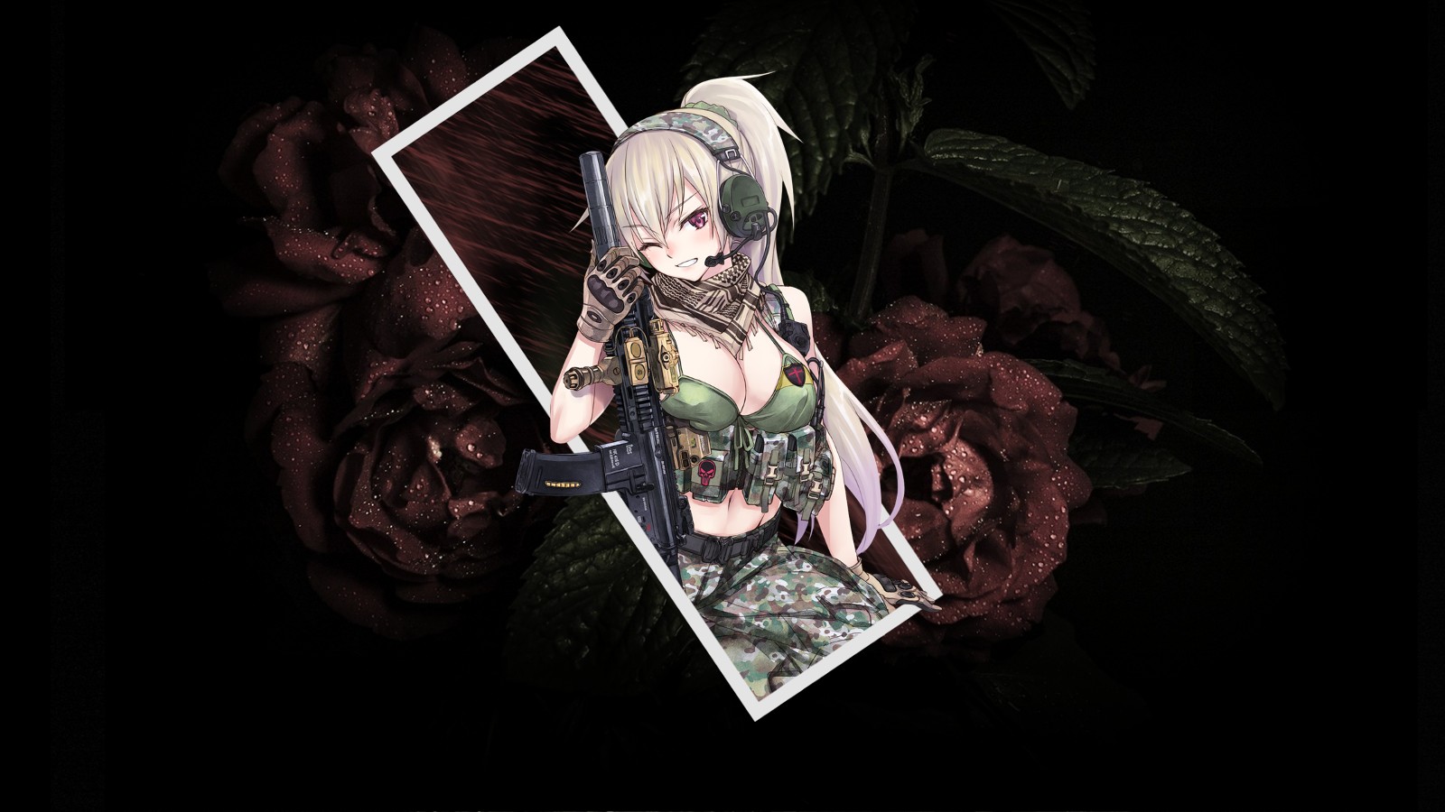 Anime soldier with gun and roses HD Wallpaper