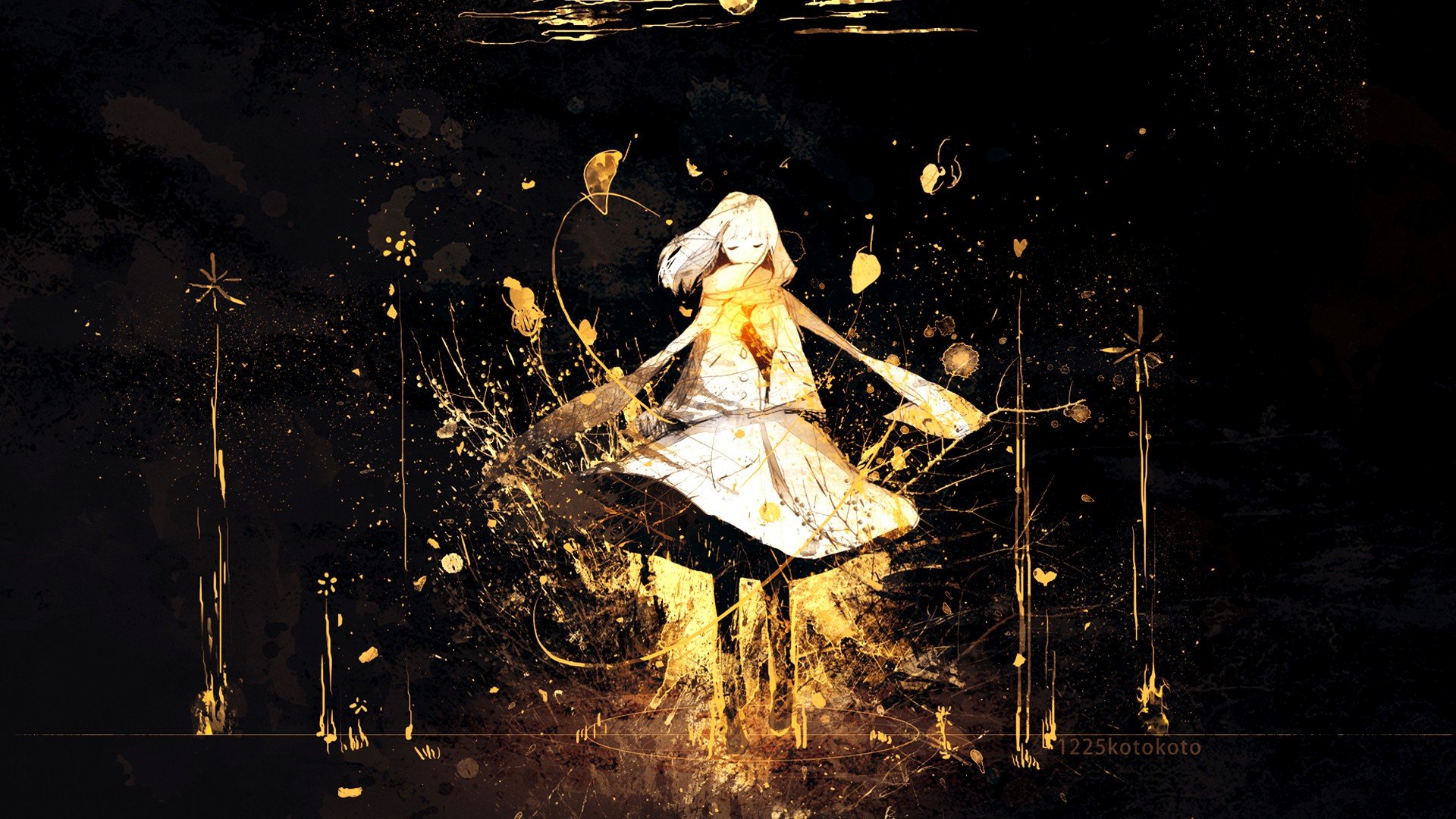 Anime girl with white hair and golden splashes HD Wallpaper