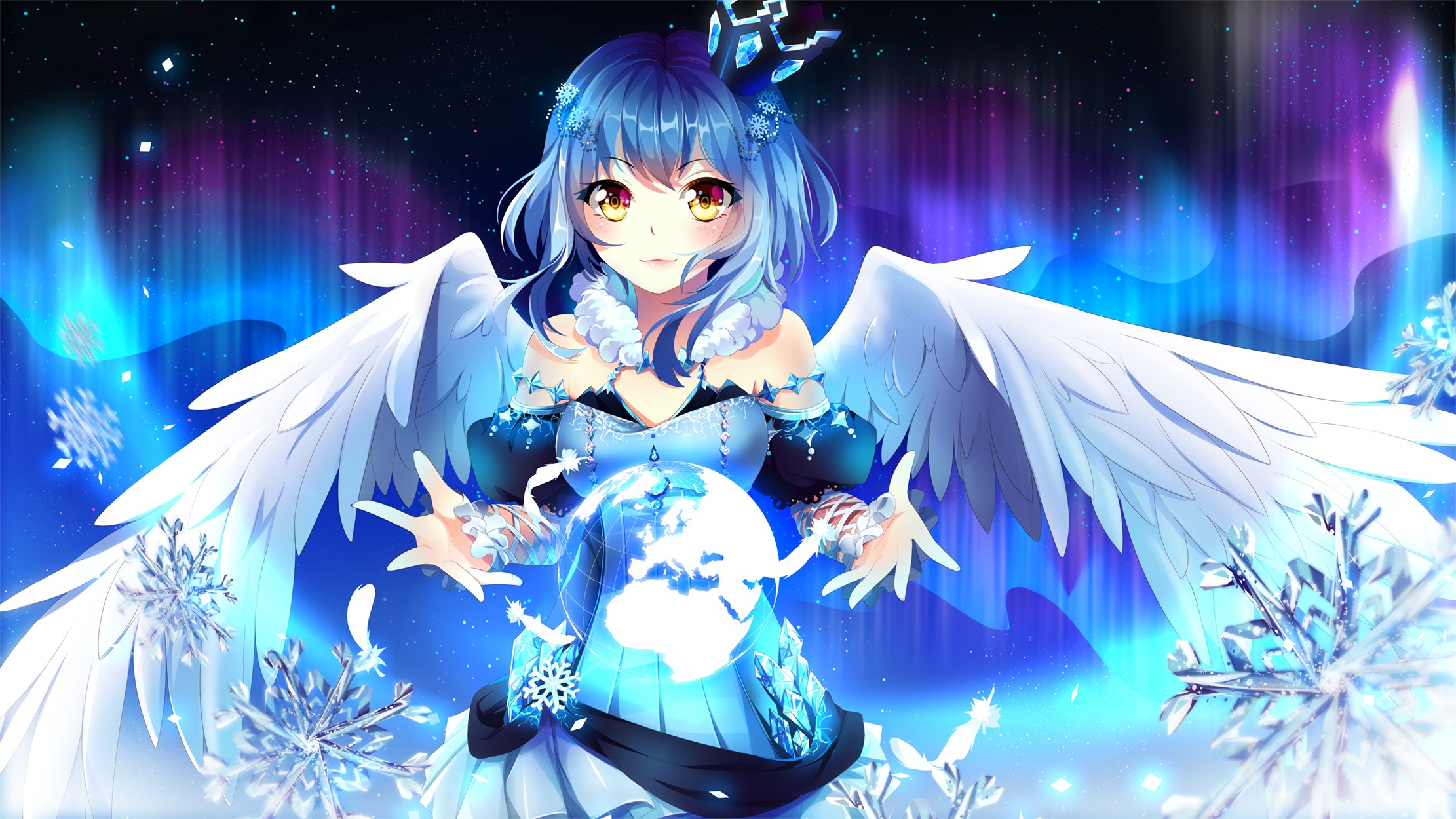 Anime girl with blue hair and wings holding a globe HD Wallpaper