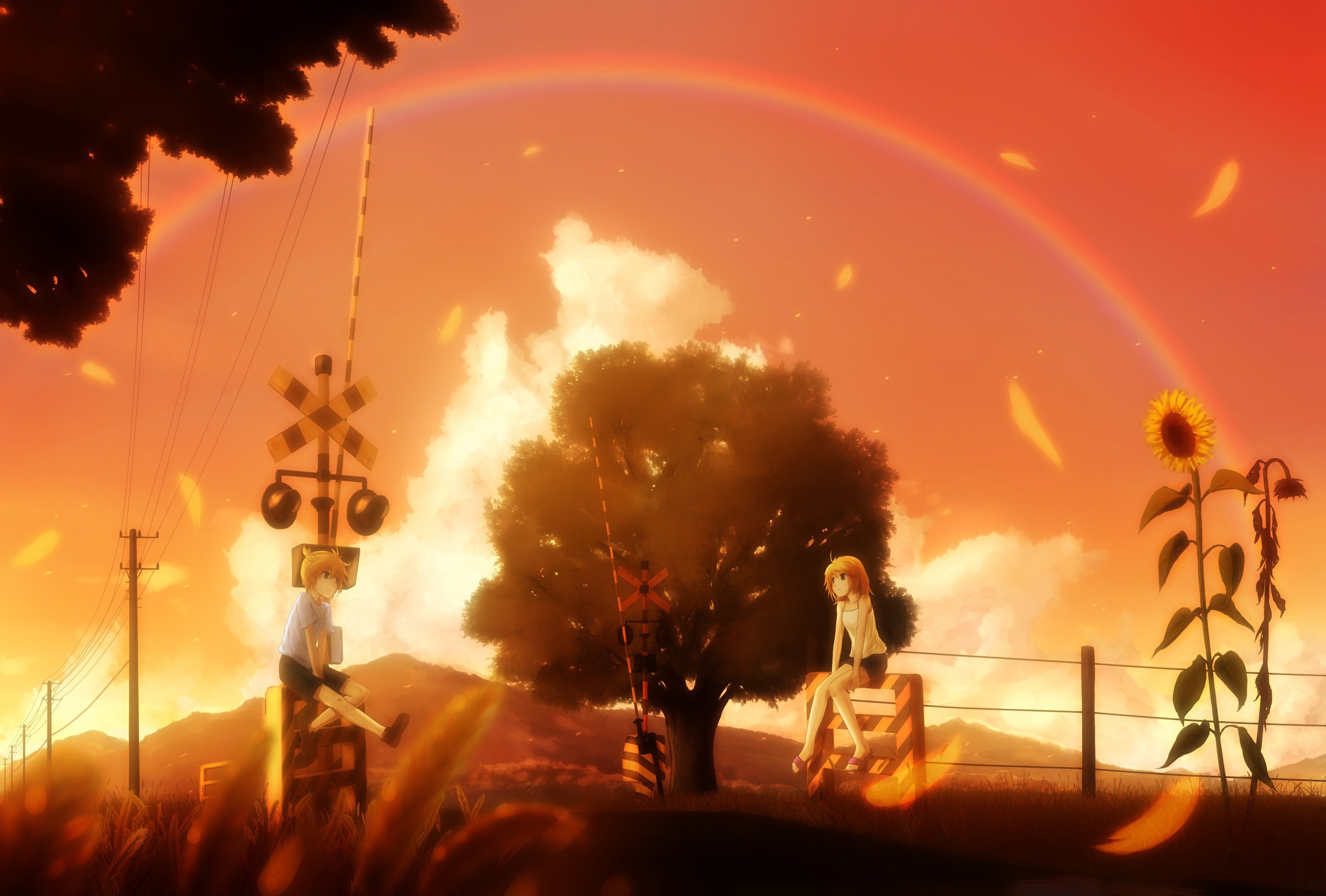 Anime girls at a railroad crossing during sunset with a rainbow HD Wallpaper