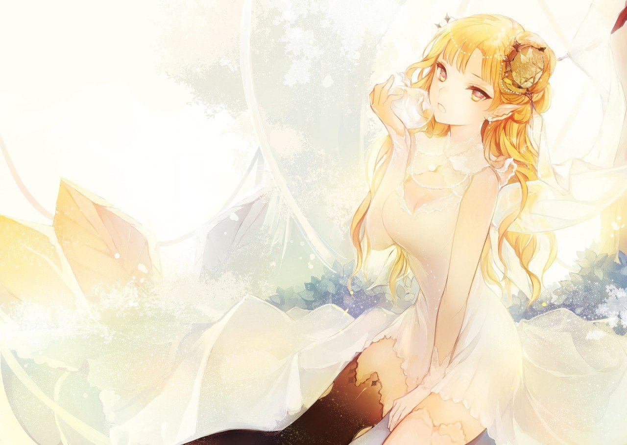 Anime girl with blonde hair in a white dress HD Wallpaper