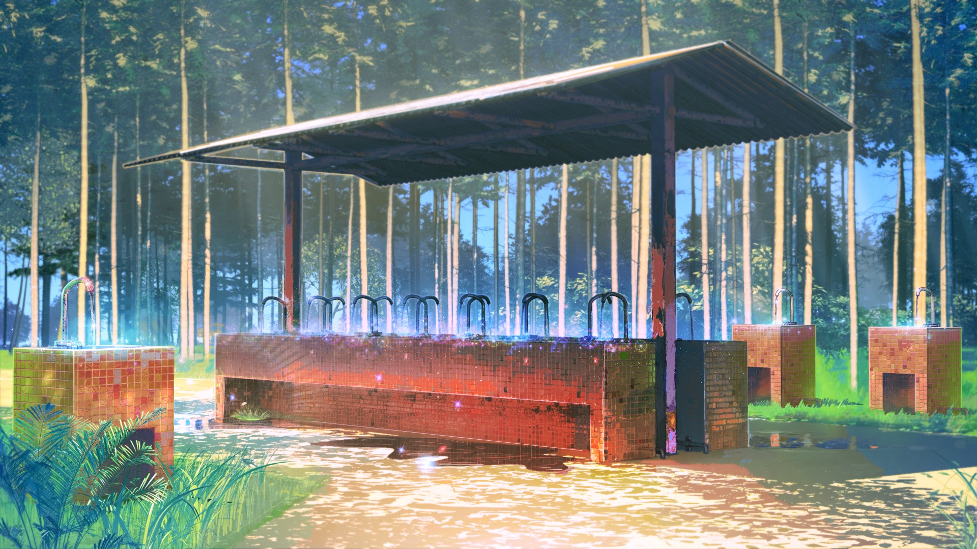 Drinking fountains in a forest clearing HD Wallpaper