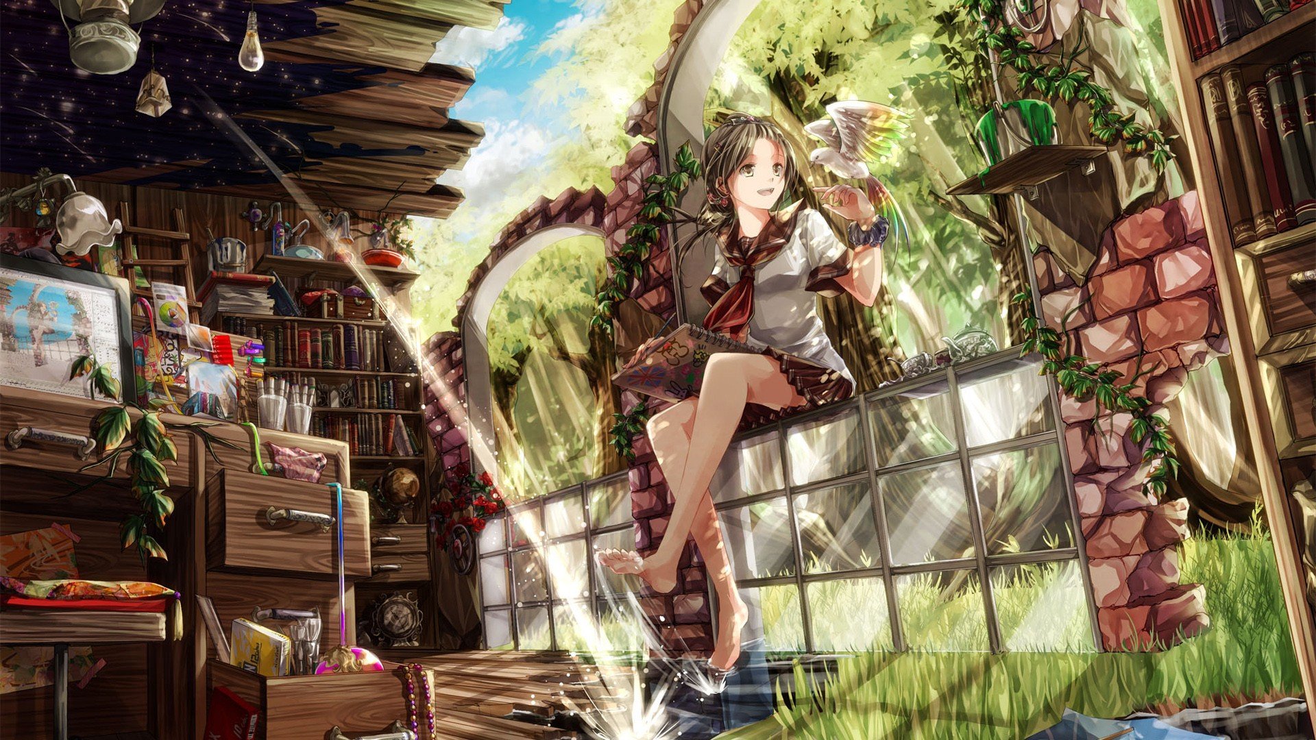 Anime girl in school uniform with bird in ruined library HD Wallpaper