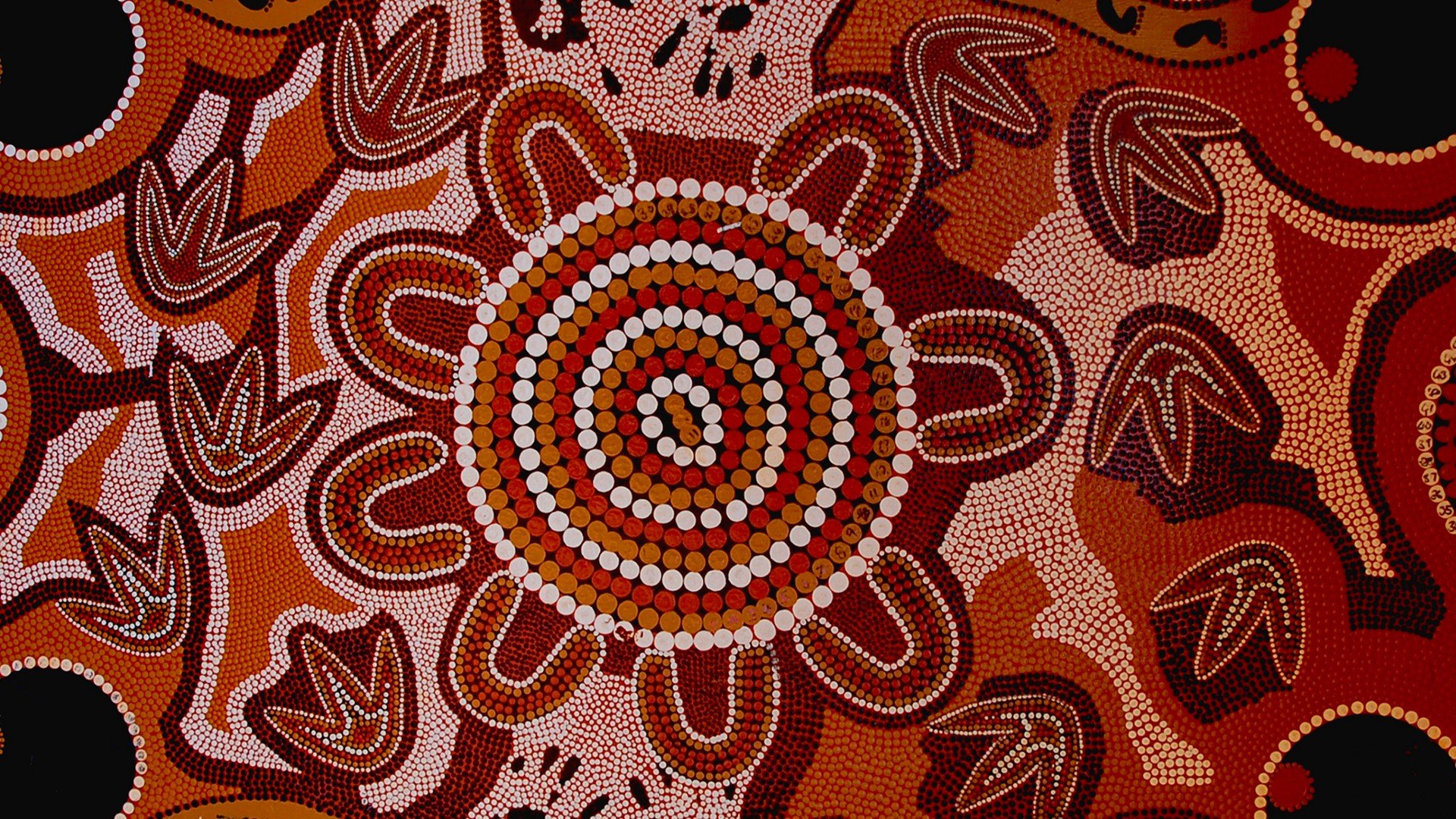 Australian Aboriginal dot painting with concentric circles and leaf motifs HD Wallpaper