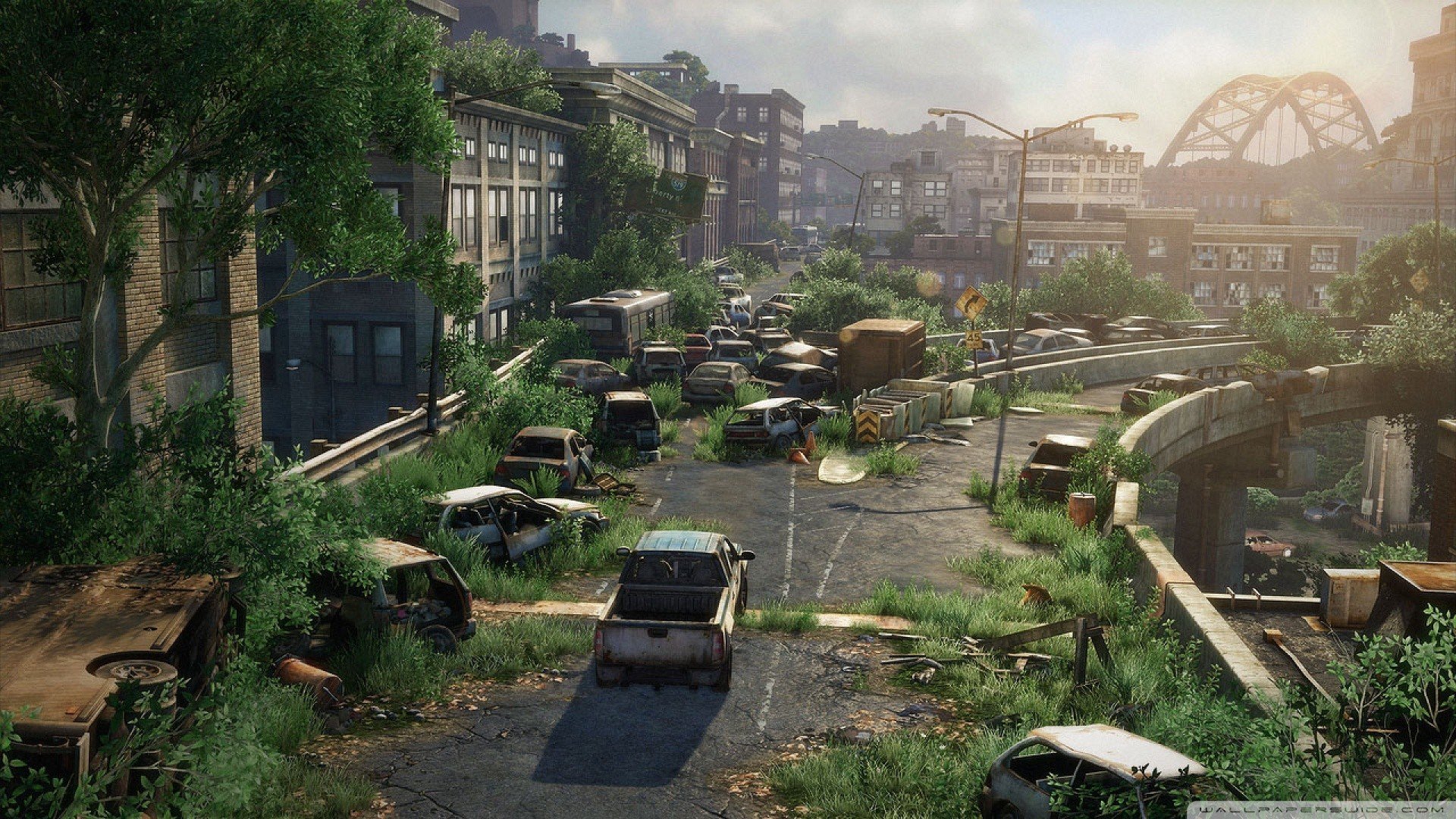 The Last of Us post-apocalyptic city street with abandoned cars HD Wallpaper