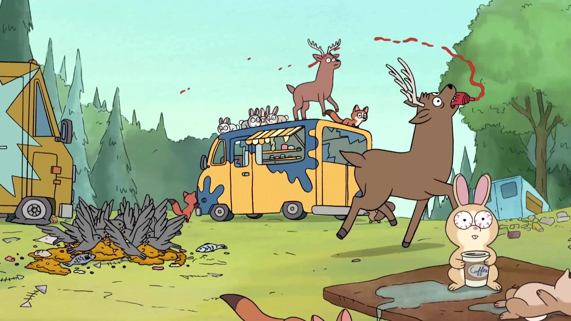 Animals in a chaotic outdoor scene HD Wallpaper