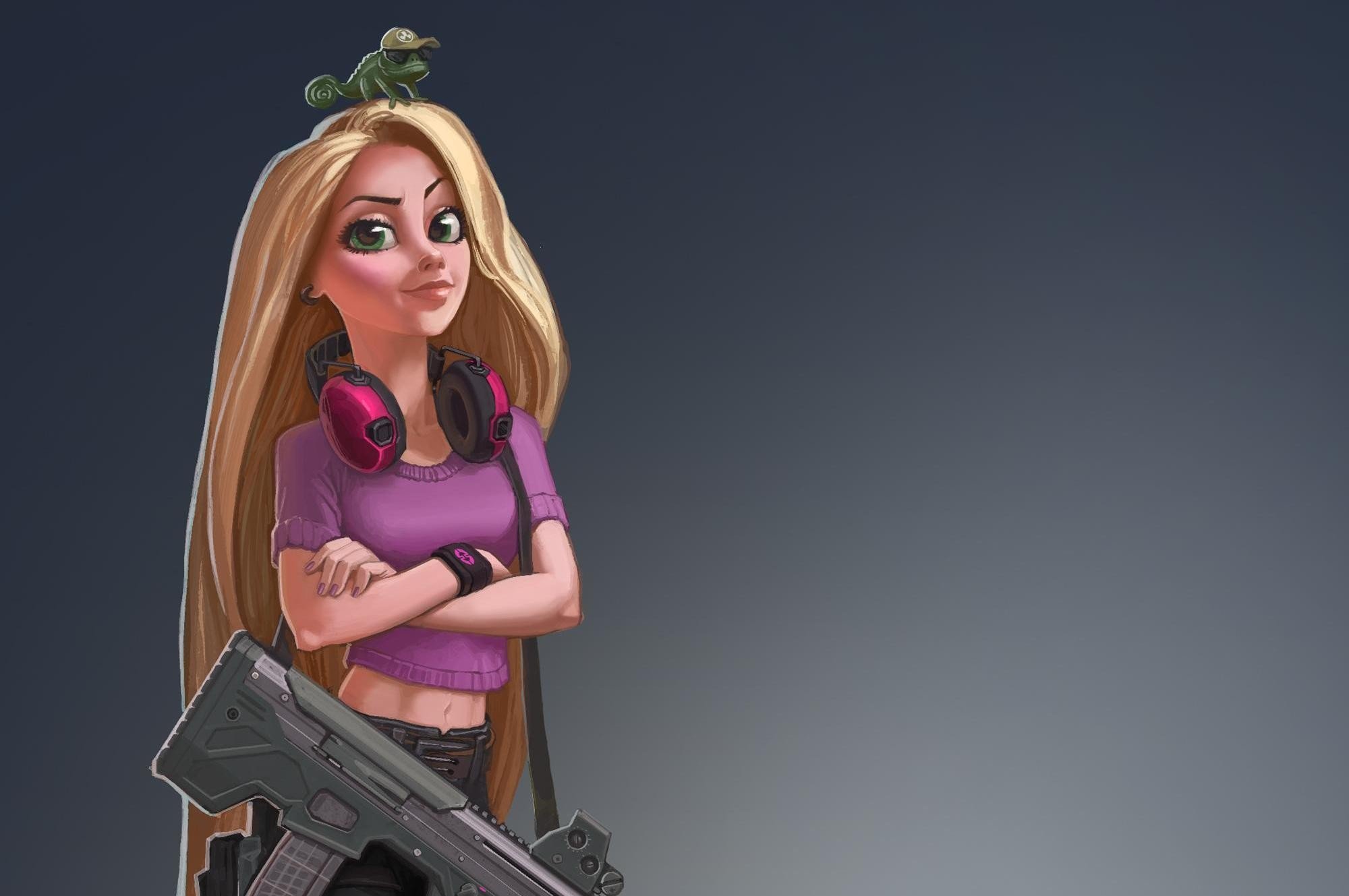 Rapunzel with a rifle and chameleon HD Wallpaper
