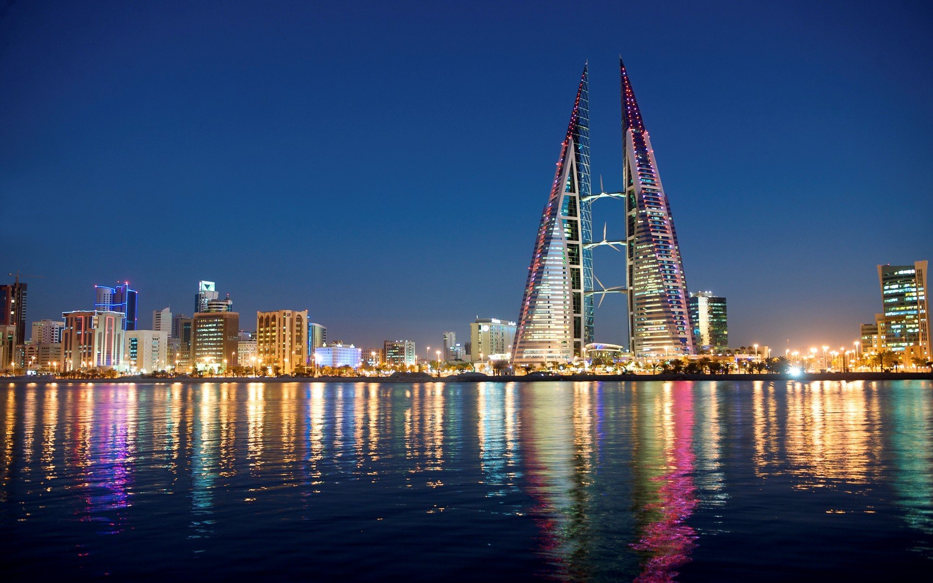 Bahrain World Trade Center Cityscape at Night HD Wallpaper
