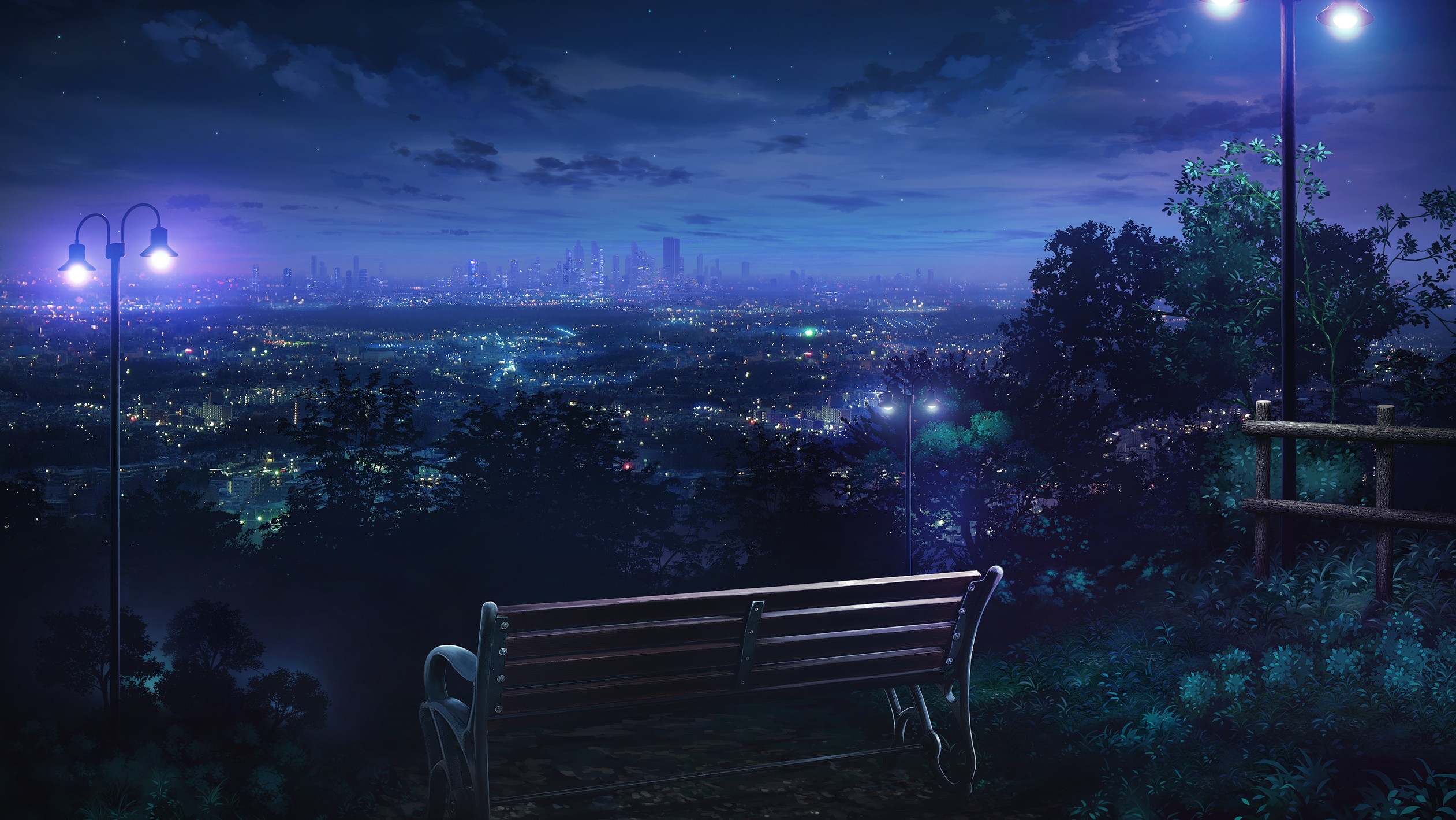 Night view of Los Angeles from a park bench HD Wallpaper
