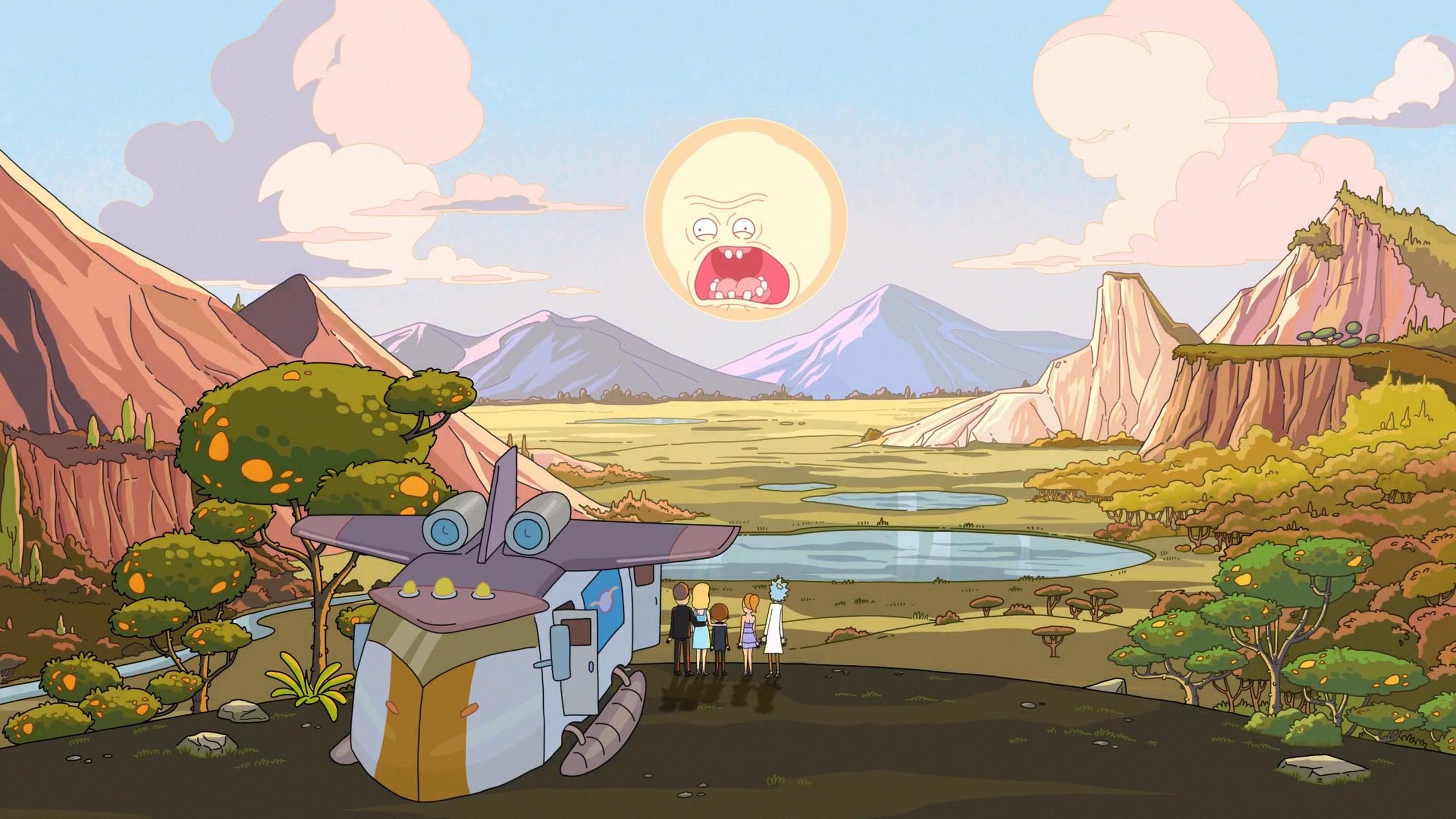 Rick and Morty characters with a spaceship on an alien planet HD Wallpaper