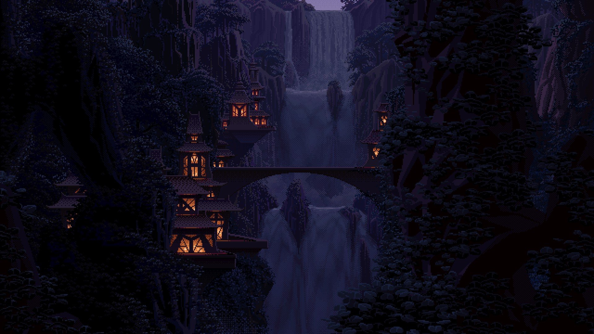 Pixel art fantasy village with waterfalls and bridge HD Wallpaper