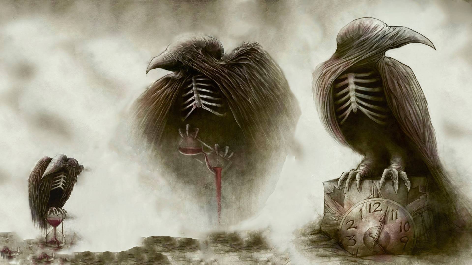 Three skeletal bird-like figures with hourglasses and a clock HD Wallpaper