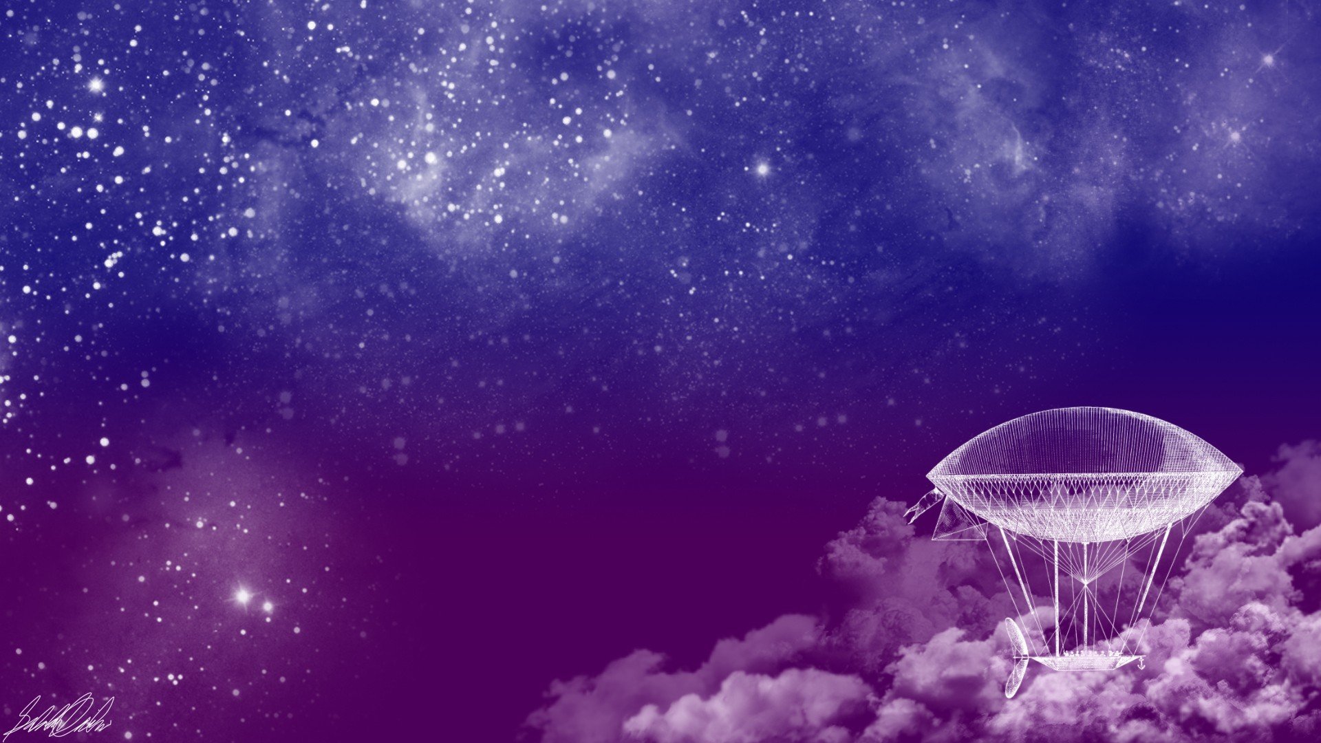 Steampunk airship in a starry purple and blue sky HD Wallpaper