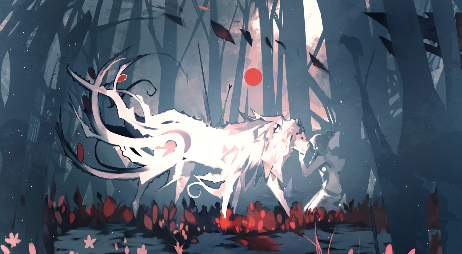 Fantasy wolf and person in a dark forest HD Wallpaper