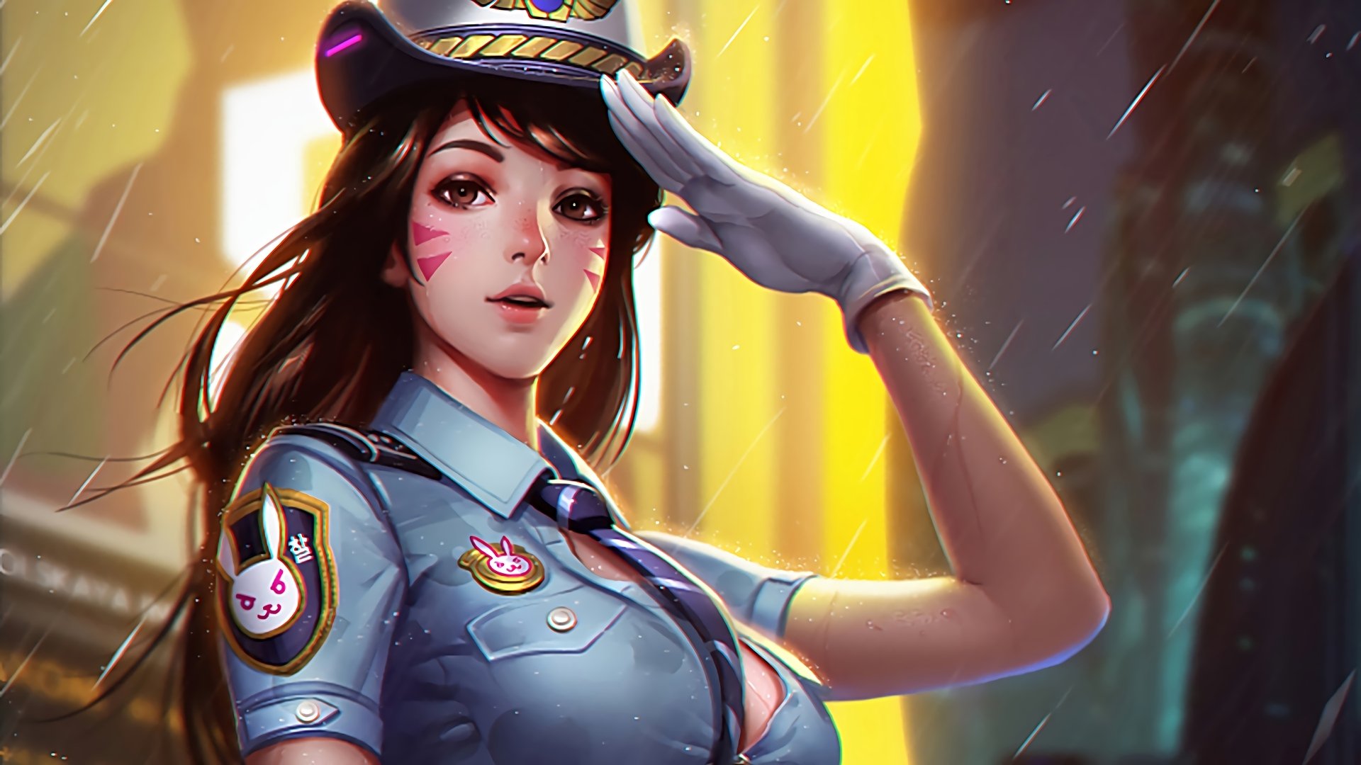 D.Va from Overwatch in a police uniform saluting HD Wallpaper