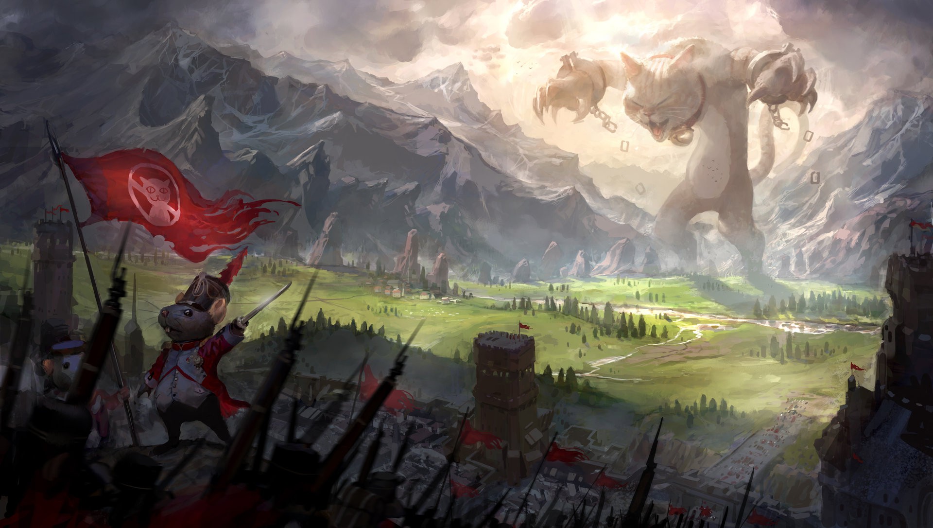 Giant cat monster attacks army of mice soldiers HD Wallpaper