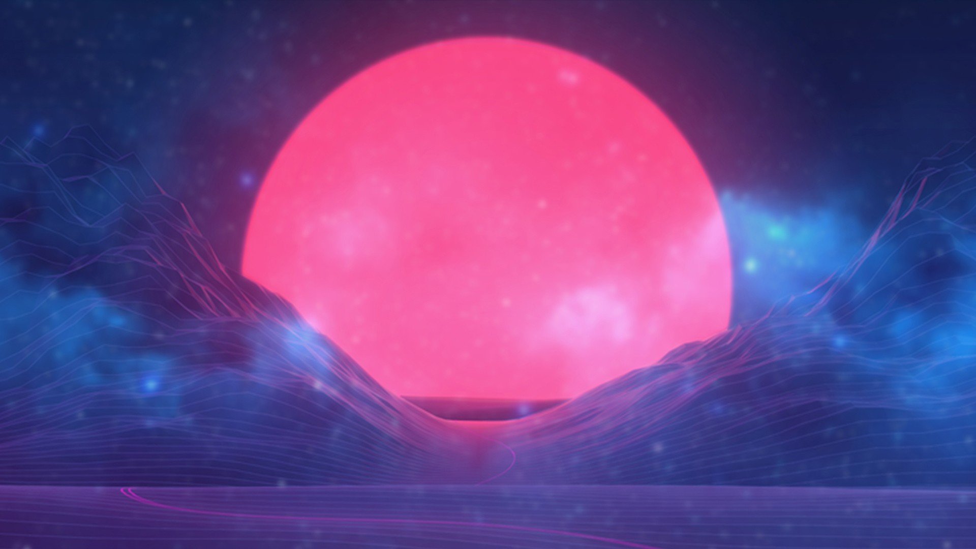 Retro Sci-Fi Landscape with Pink Sun HD Wallpaper