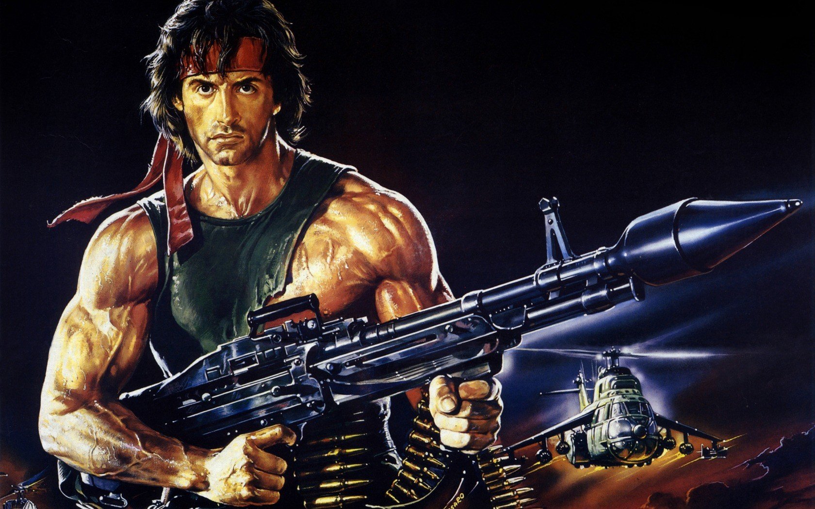 Rambo with Machine Gun and Helicopter HD Wallpaper