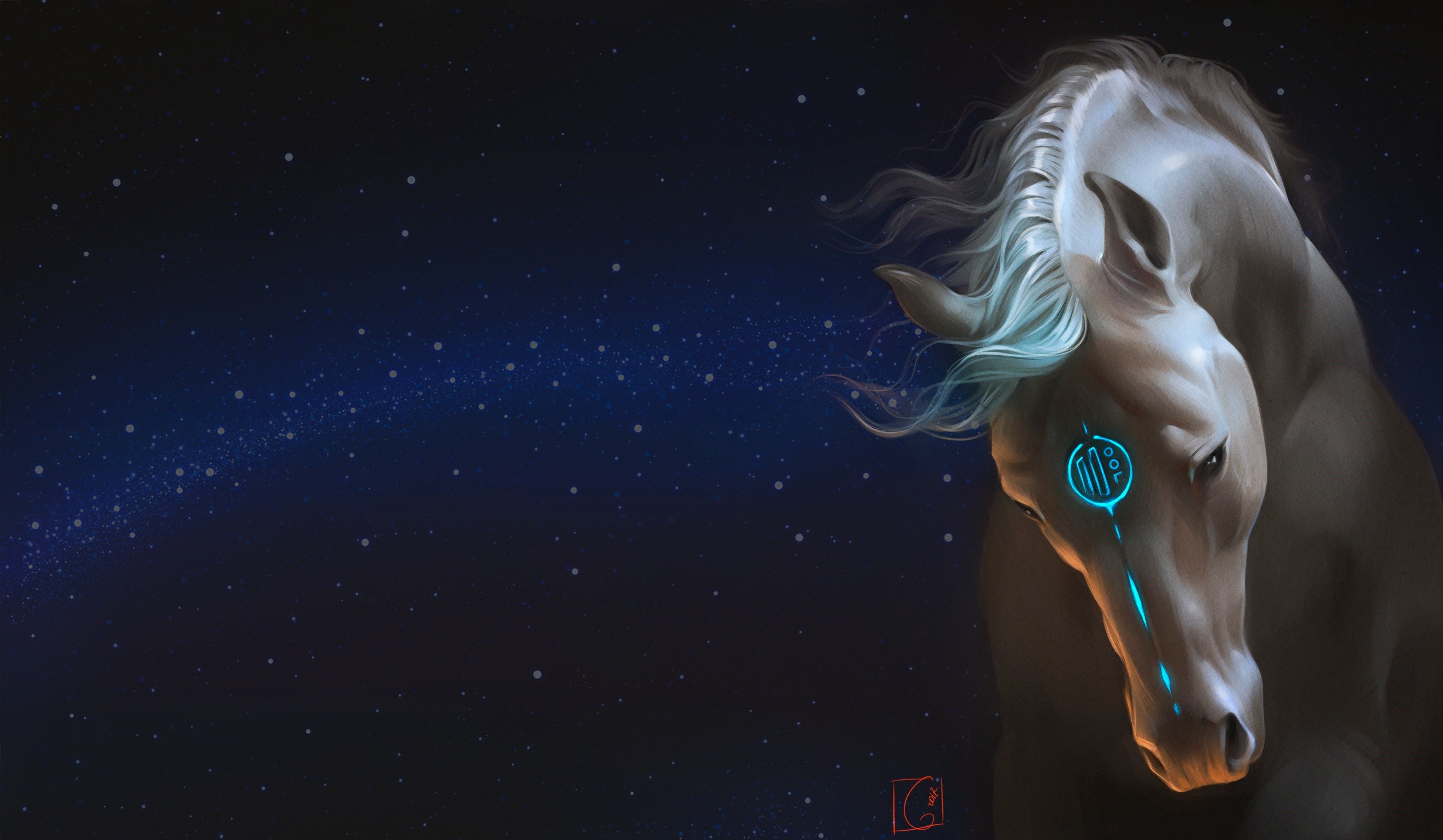 Fantasy horse with glowing markings against starry sky HD Wallpaper
